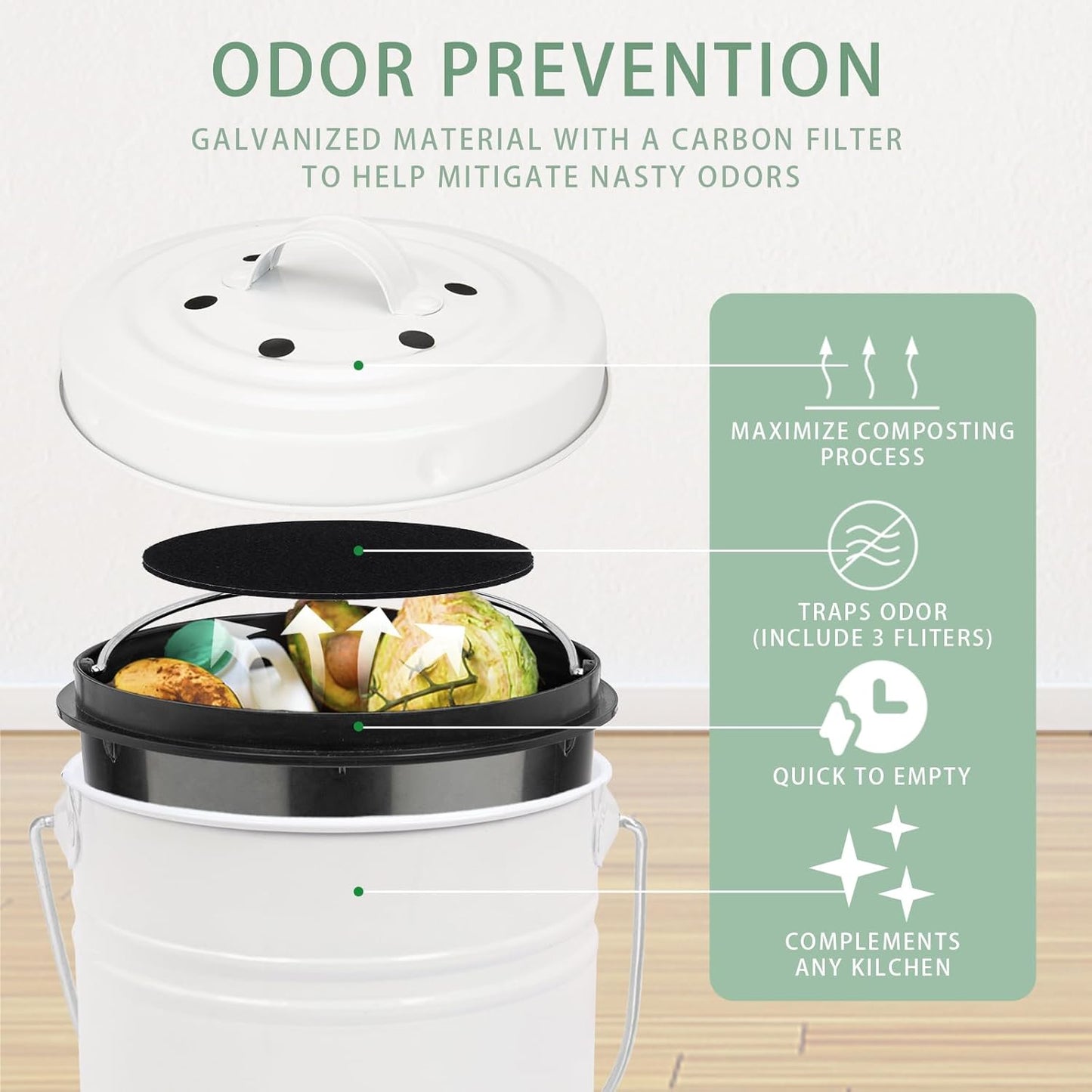 Vipush Compost Bin with Lid Small Countertop Compost Bin includes Inner Liner & 3 Charcoal Filters, White
