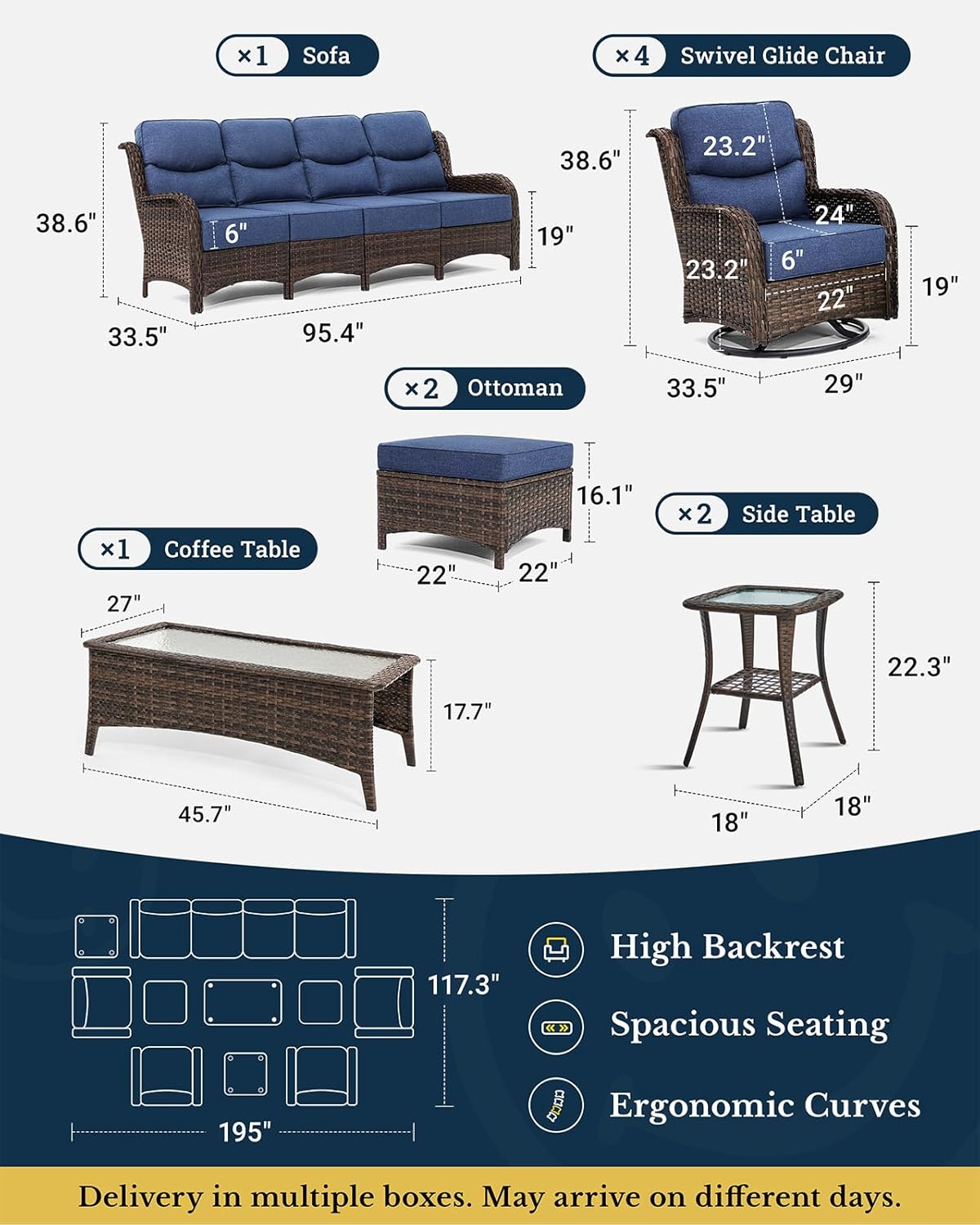 HILLGA Luxury Patio Furniture Set with 6-inch Thick Cushion, Outdoor Sectional Sofa and High Back Swivel Rocker Patio Chairs, 10PCS Wicker Conversation Set for Deck Yard and Poolside, Blue (V2)