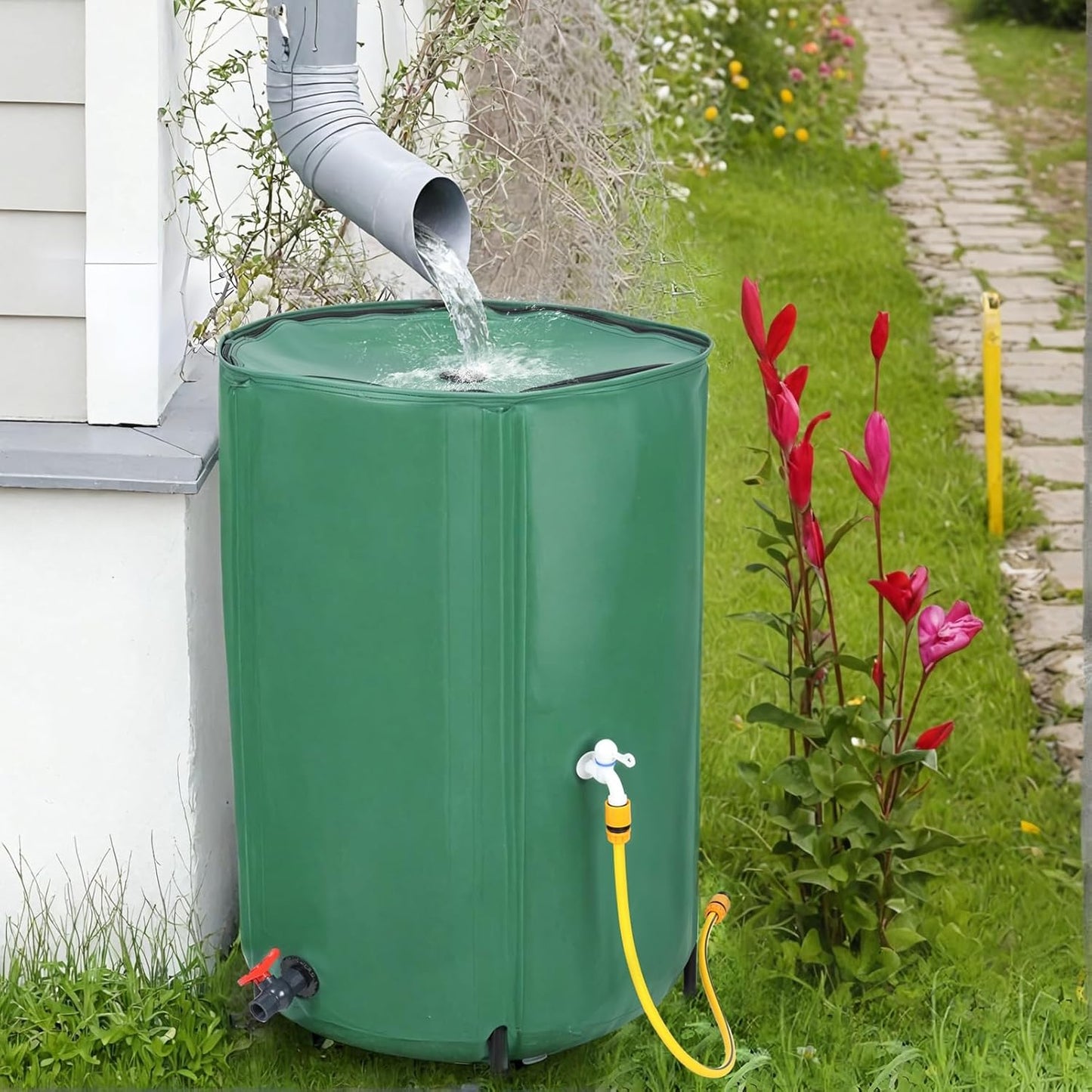 100 Gallon Rain Barrel Water Collection System, Collapsible Portable Water Storage Tank, Rainwater Collect System Downspout, Water Catcher Container with Filter Two Spigots and Overflow Kit