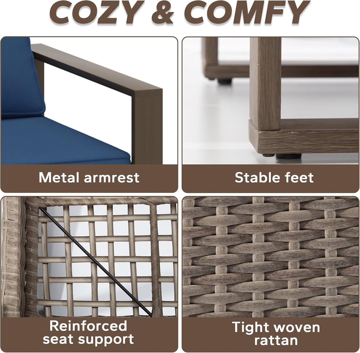 Patio Metal Wicker Chairs Set of 2, All Weather Outdoor Rattan Dining Chairs with Rectangular Framed Wood-Looking Armrest & Fade-Resistant Cushions for Deck Balcony Backyard, Dark Blue