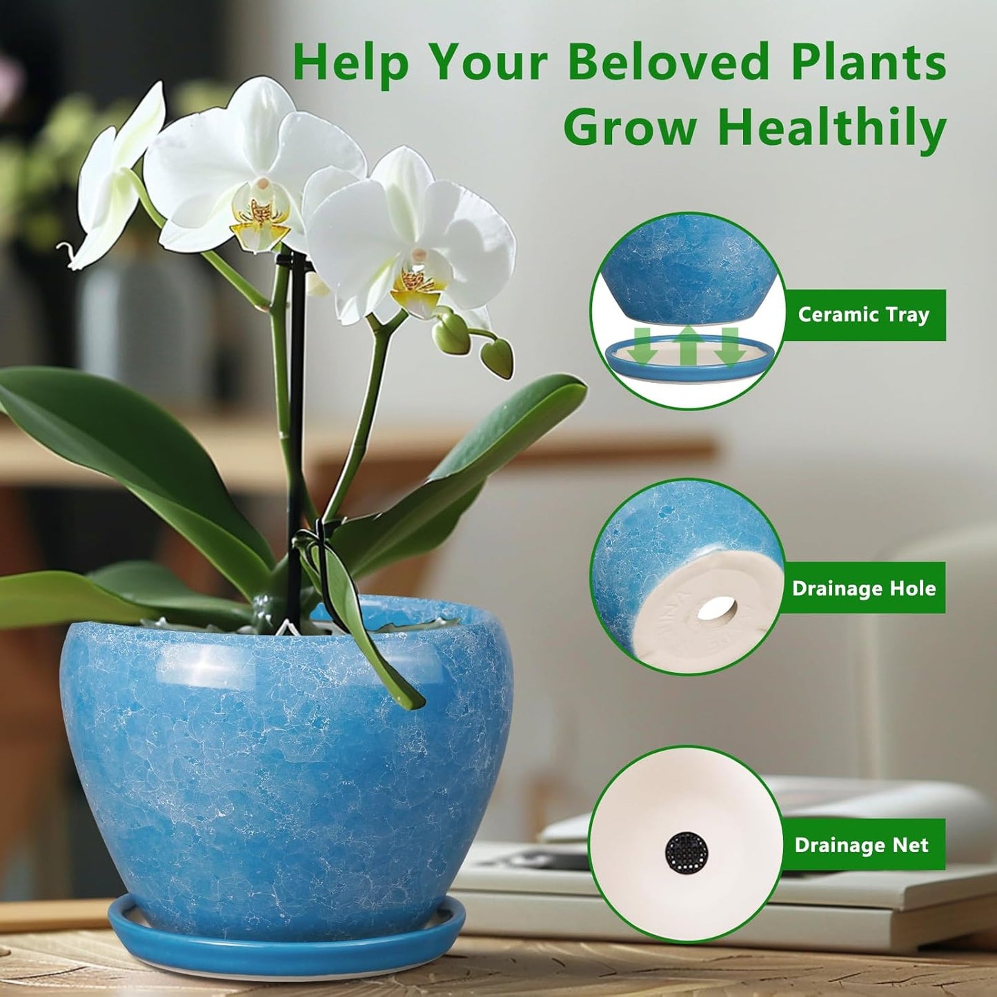 Ceramic Planter - 8 Inch Plant Pot with Drainage Hole and Saucer, Glaze Round Flower Pot for Home Garden Patio Office, Blue