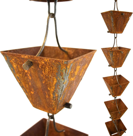 Nutshell Stores Medium Square Cups Rain Chain - Weathered Steel - 12 Feet