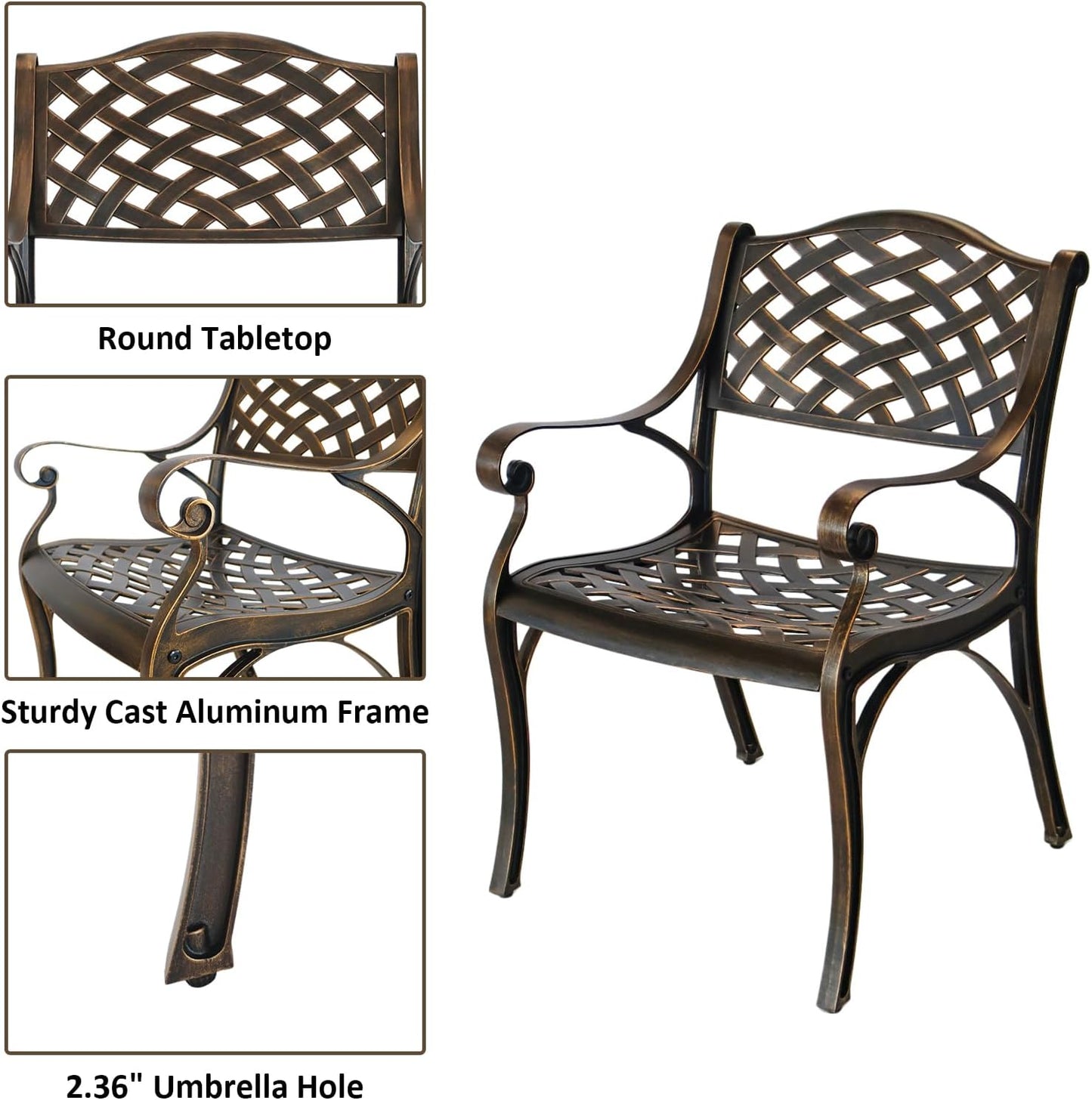 Outdoor Bistro Set 3 Piece, All Weather Bistro Table and Chairs Set, Cast Aluminum Patio Bistro Sets with 2.36" Umbrella Hole, Patio Furniture Set for Garden Porch