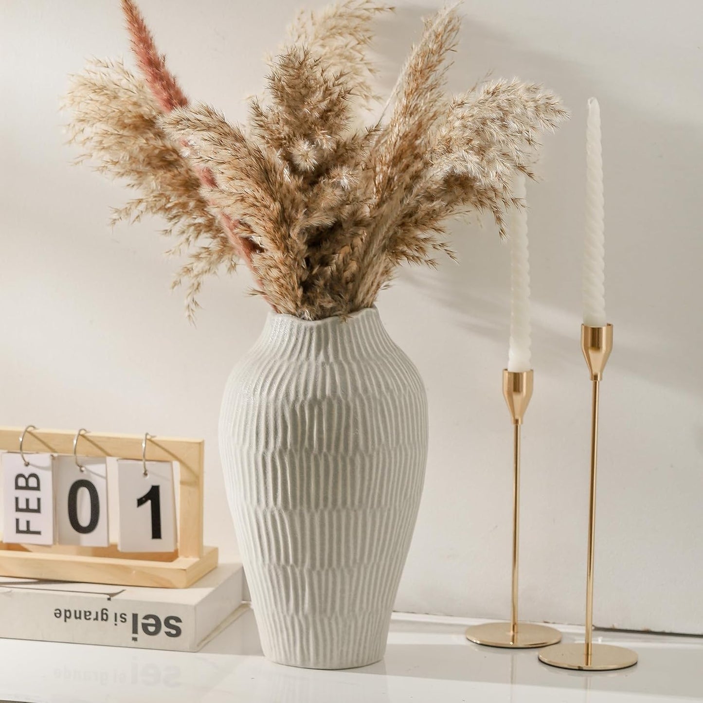 Ceramic Vase for Home Decor,11.6 Inch Flower Vases,Decorative Blue Vase for Pampas Grass,Modern Art Texture Vases for Home Entryway Living Room Dining Table Farmhouse Office Decor(Grey)