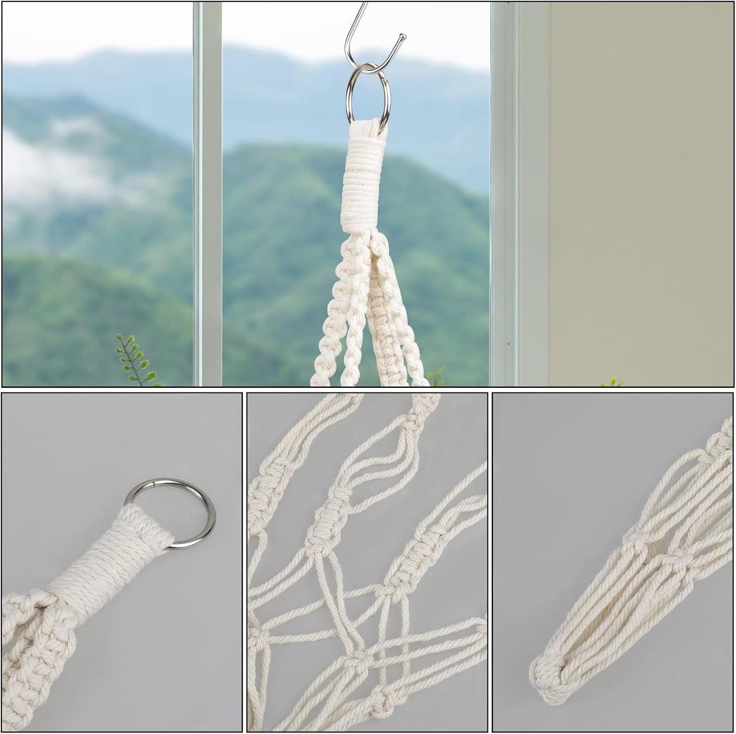 Macrame Plant Hanger, 2 Pack Boho Hanging Planters Baskets for Indoor Plants Decorative Braided Cotton Rope Flower Pot Holder with Metal Hook Rings for Outdoor Home Decor, No Tassels, Ivory, 20 Inchs