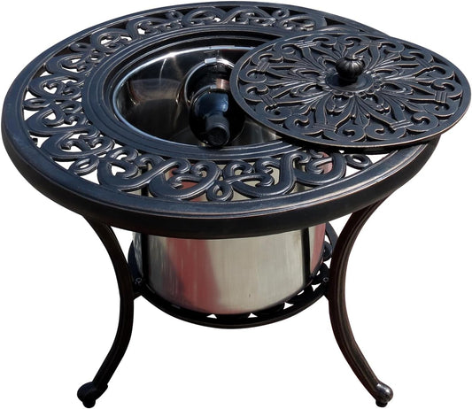 Outdoor Table Round Patio Table Ice Bucket All Weather Aluminum Frame Outdoor Dining Table for Lawn Garden Backyard (60cm Ice Bucket)