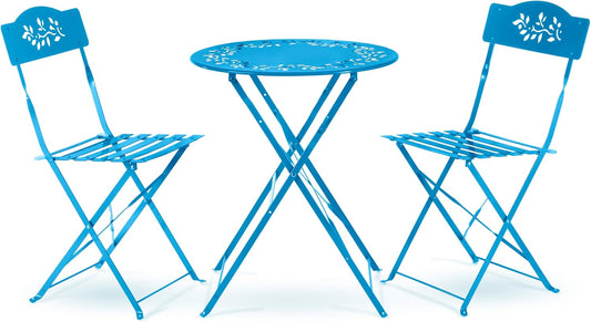 Alpine Corporation MSY100A-BL 3-Piece Indoor/Outdoor Bistro Set with Folding Table and Chairs, Durable Steel Patio Furniture, Vibrant Blue