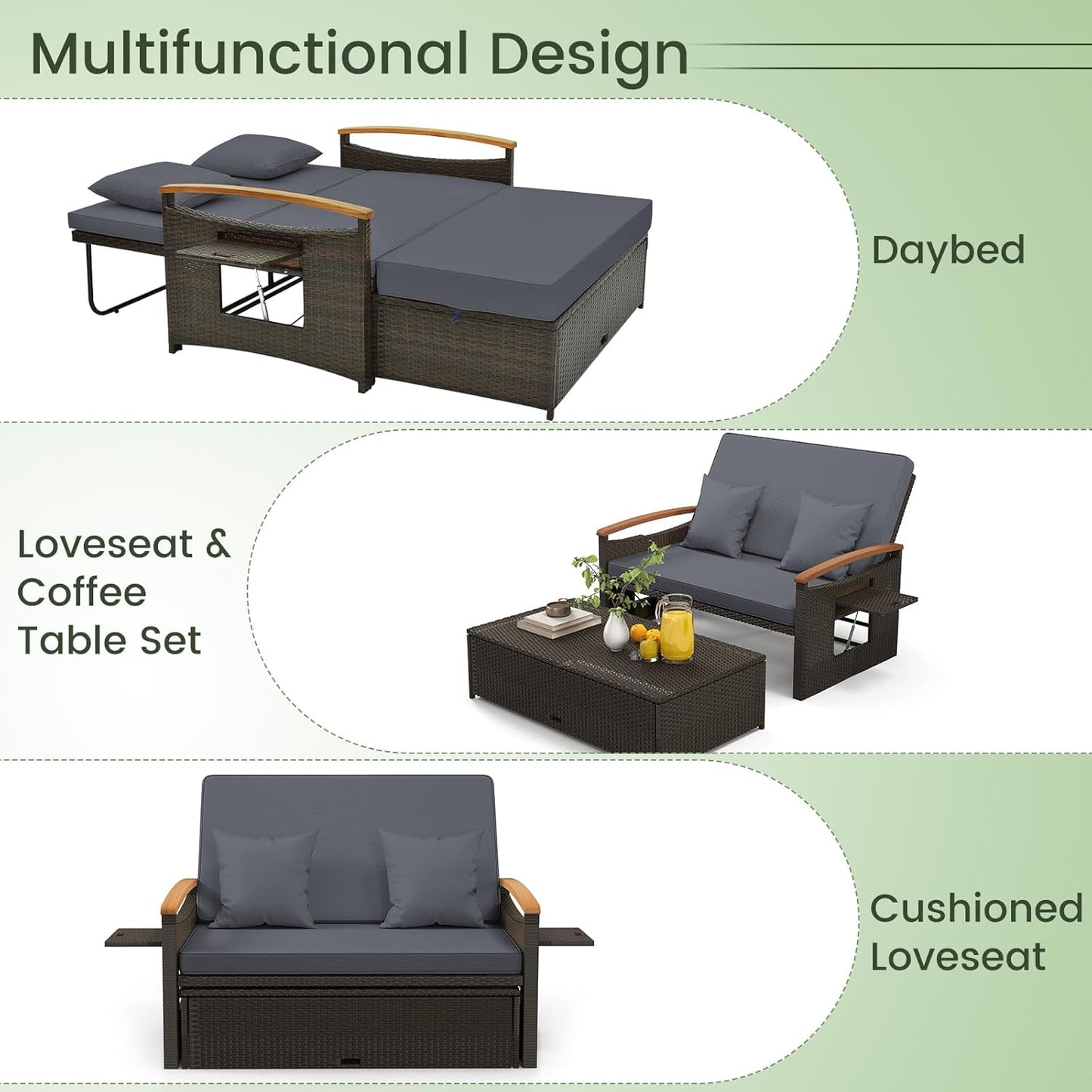 Tangkula Patio Rattan Daybed Set with Cushioned Loveseat and Storage Ottoman, Outdoor Double Chaise Lounger with 4-Level Adjustable Backrest and Retractable Side Trays for Backyard (Gray)