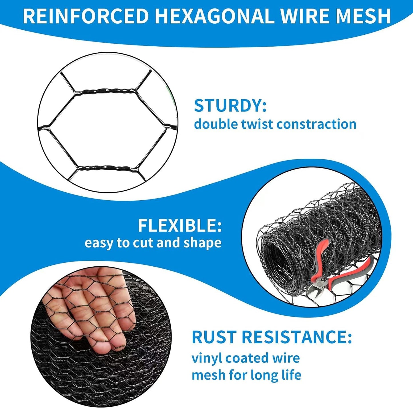 12'' x 150' Black Chicken Wire Mesh Fence, 20 Gauge Galvanized Poultry Netting and 1 inch Garden Mesh Fence Roll, Chicken Wire for Floral Arrangements/Crafts/Farm/Livestock/Pet Protection