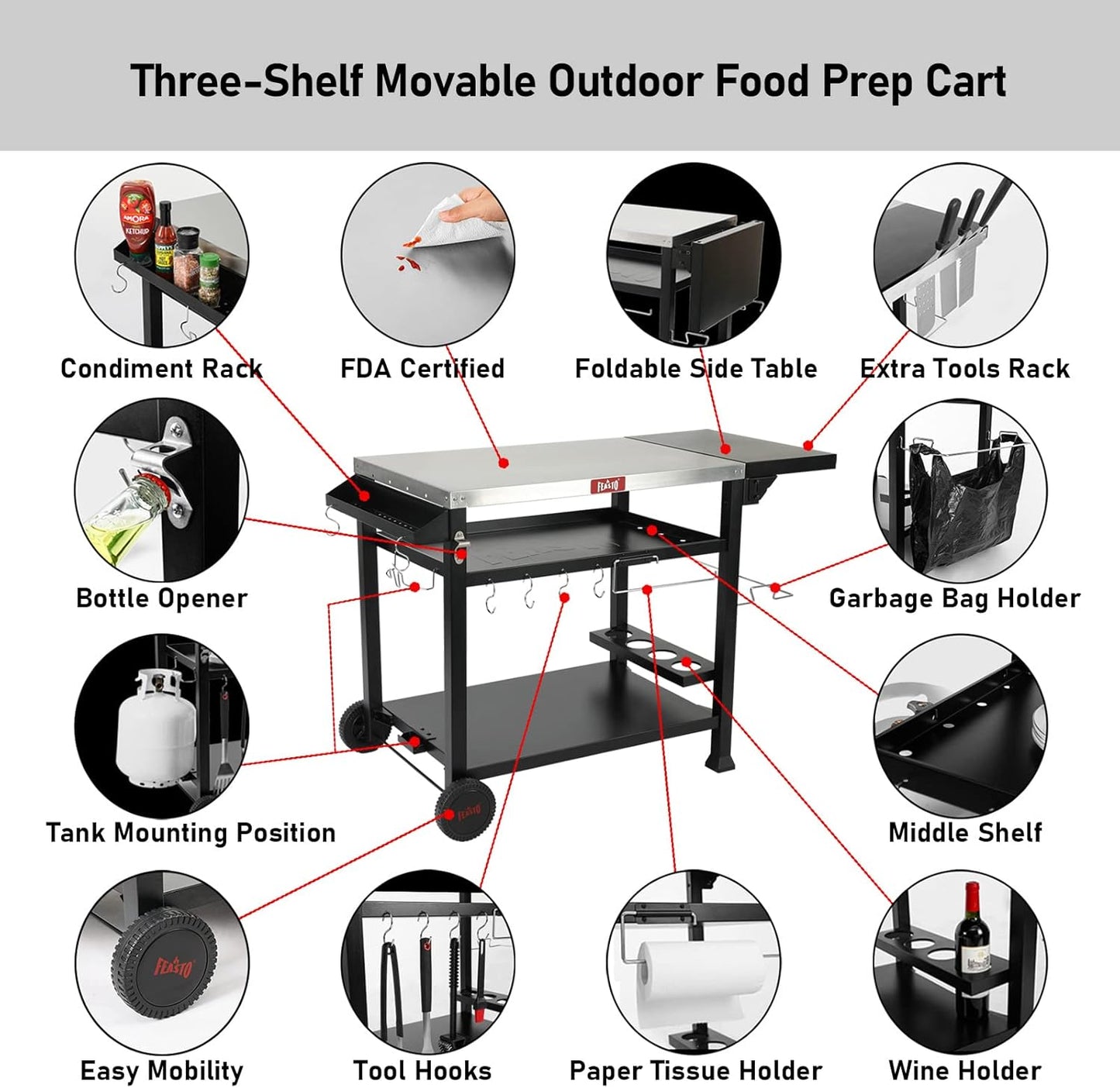 Outdoor Grill Cart, Pizza Oven Table Stand for Outdoor Indoor, 40" x 26" Stainless Steel Tabletop Dining BBQ Grill with Wheels for Food Prep, 3-Shelf Kitchen Cart Table