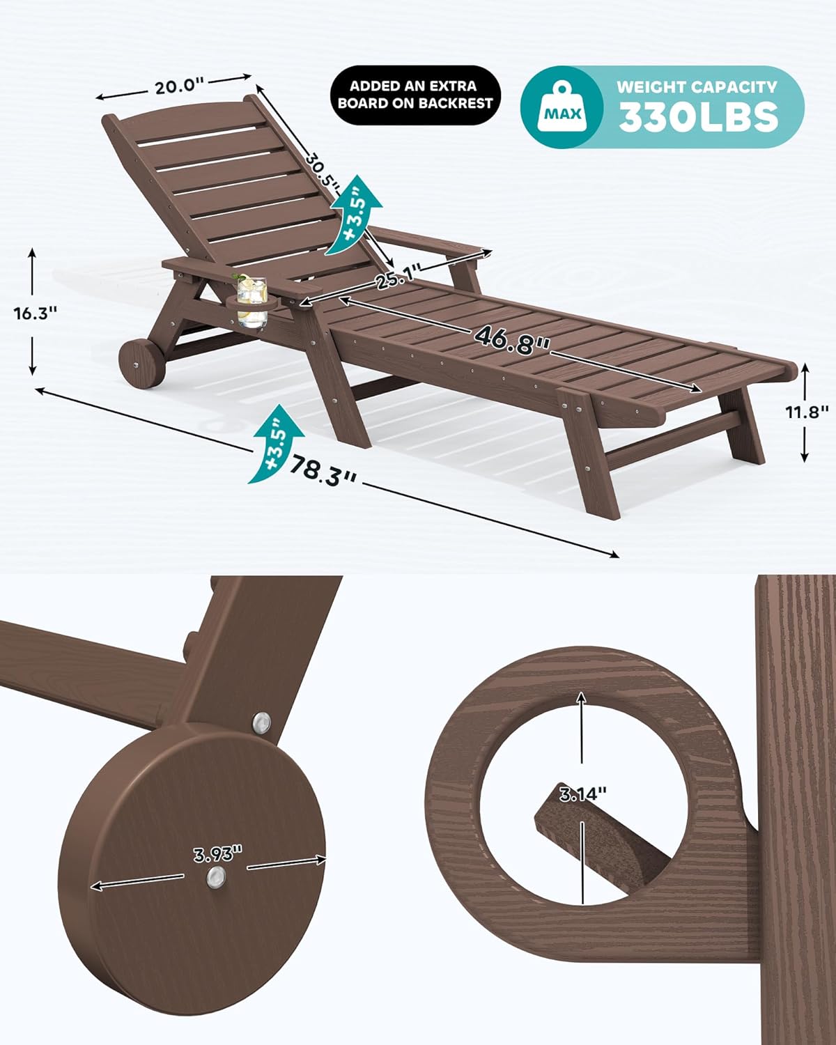 SERWALL Patio Chaise Lounge Chair Set of 2 with 9FT Patio Umbrella, 78'' HDPE Outdoor Lounger, Poly Lounge Chair with Rolling Wheels & Cup Holder for Pool,Coffee Brown (Umbrella Base not Included)