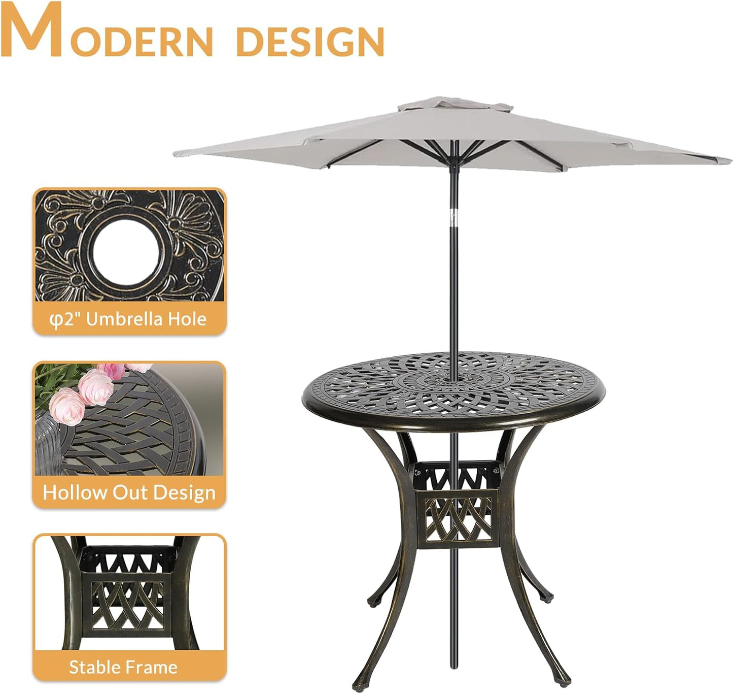 3-Piece Outdoor Patio Dining Set, All-Weather Cast Aluminum Patio Furniture Set for Backyard Garden Deck with 2 Cushioned Chairs and 31” Round Table, 2" Umbrella Hole, Navy Blue