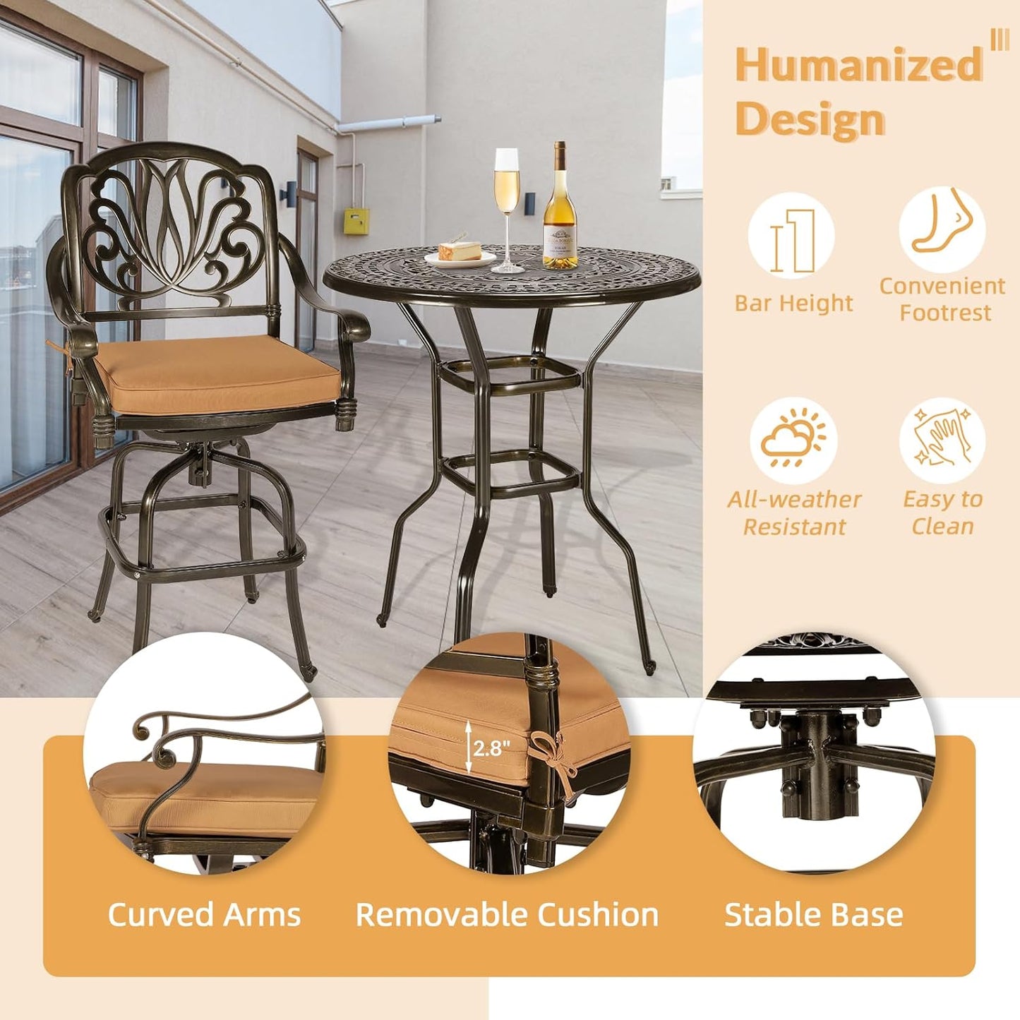 5 Pieces Patio Swivel Bar Set, Patio Bar Table and Chairs Set, All-Weather Cast Aluminum Outdoor Swivel Bar Stools of 4 and 38.5" Bar Height Table, High Top Bistro Set for Deck, Pool, Garden