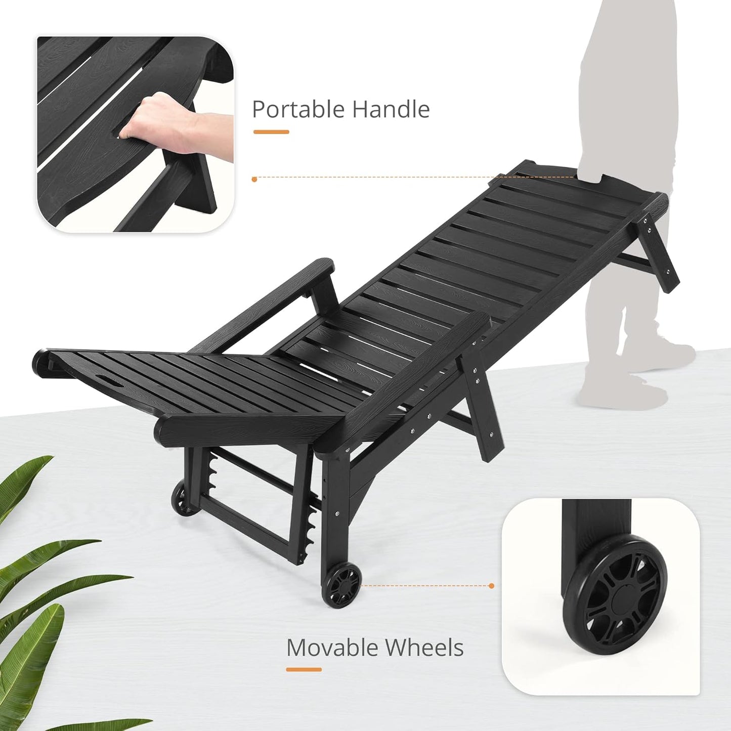 LUE BONA Chaise Lounge Chair with Table, 2-Piece,79'' Oversized HDPS Chaise Lounger, 5 Positions Adjustable Lounge Chairs, Pool Lounge Chair with Wheels for Poolside, Backyard, 3 Year Warranty, Black