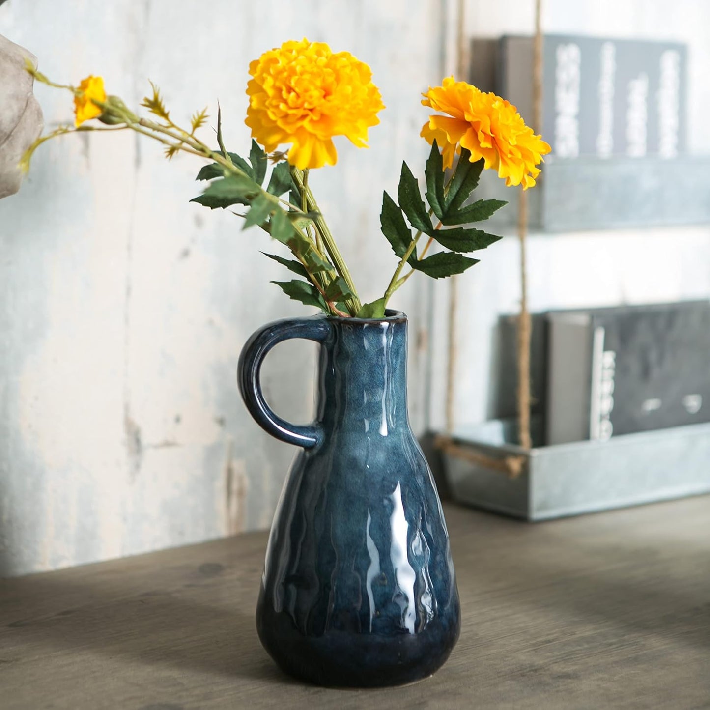 Ceramic Vase Set of 2, Blue Glazed Small Pottery Vases with Handles, Decorative Clay Vase Modern Farmhouse Decor, Centerpiece Dining Table Decorations Porcelain