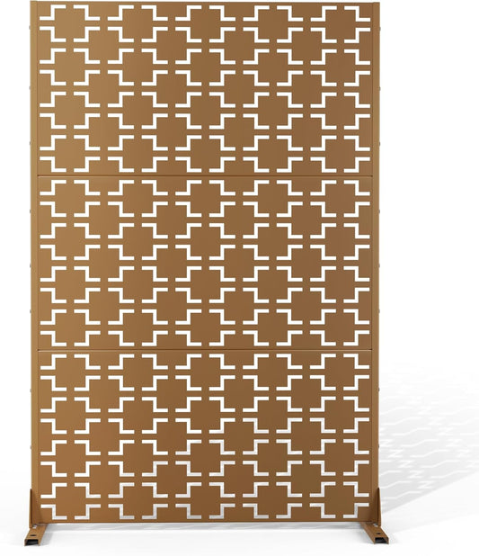 Metal Privacy Screen Outdoor 72" H×47" W,Freestanding Decorative Privacy Screen for Balcony Yard&Garden,Privacy Fence-Brown&Square