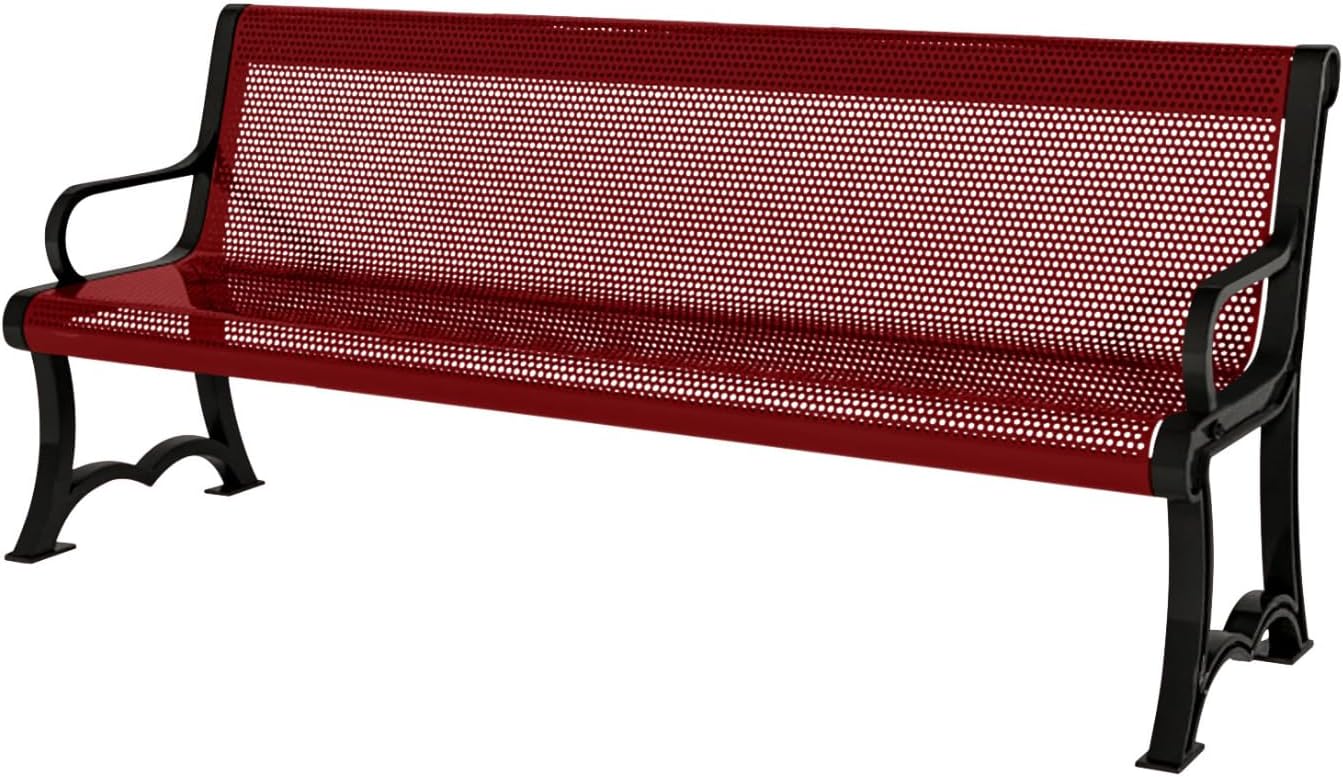 Heavy-Duty Outdoor Bench Thermoplastic Coated, Punched Steel, Commercial-Grade Garden Bench, Made in America (Portable with Back, 4 Ft, Textured Burgundy)