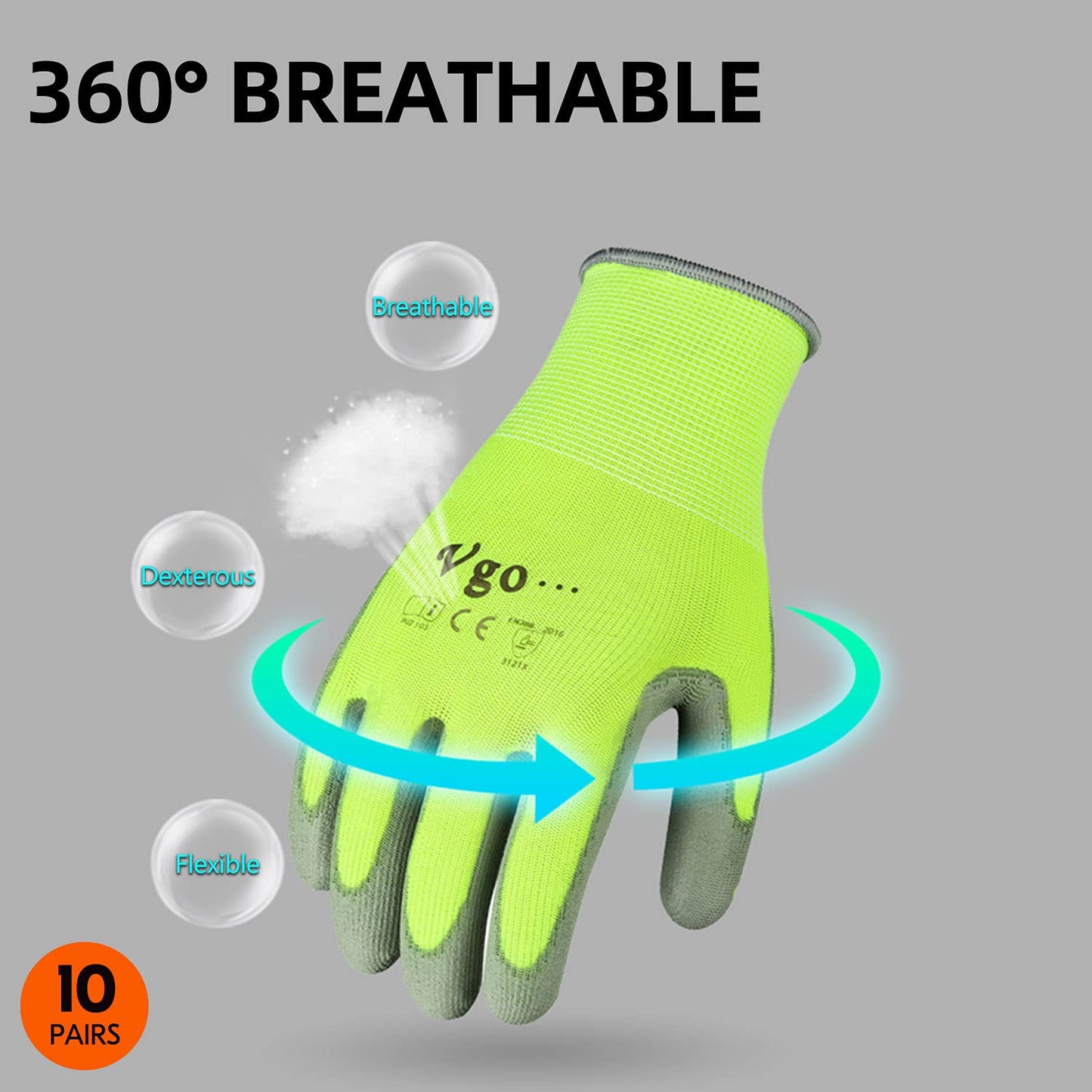Vgo... 10-Pairs Safety Work Gloves, Gardening Gloves, Polyurethane Coated, Dipping Gloves, Latex Free (Size M, Yellow, PU2103)