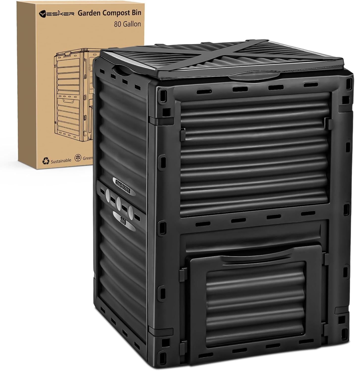 Yesker Outdoor Garden Compost Bin, 80 Gallon BPA-Free Large Capacity Composter for Backyard, Easy Assembly, Fast Fertile Soil Maker, Black
