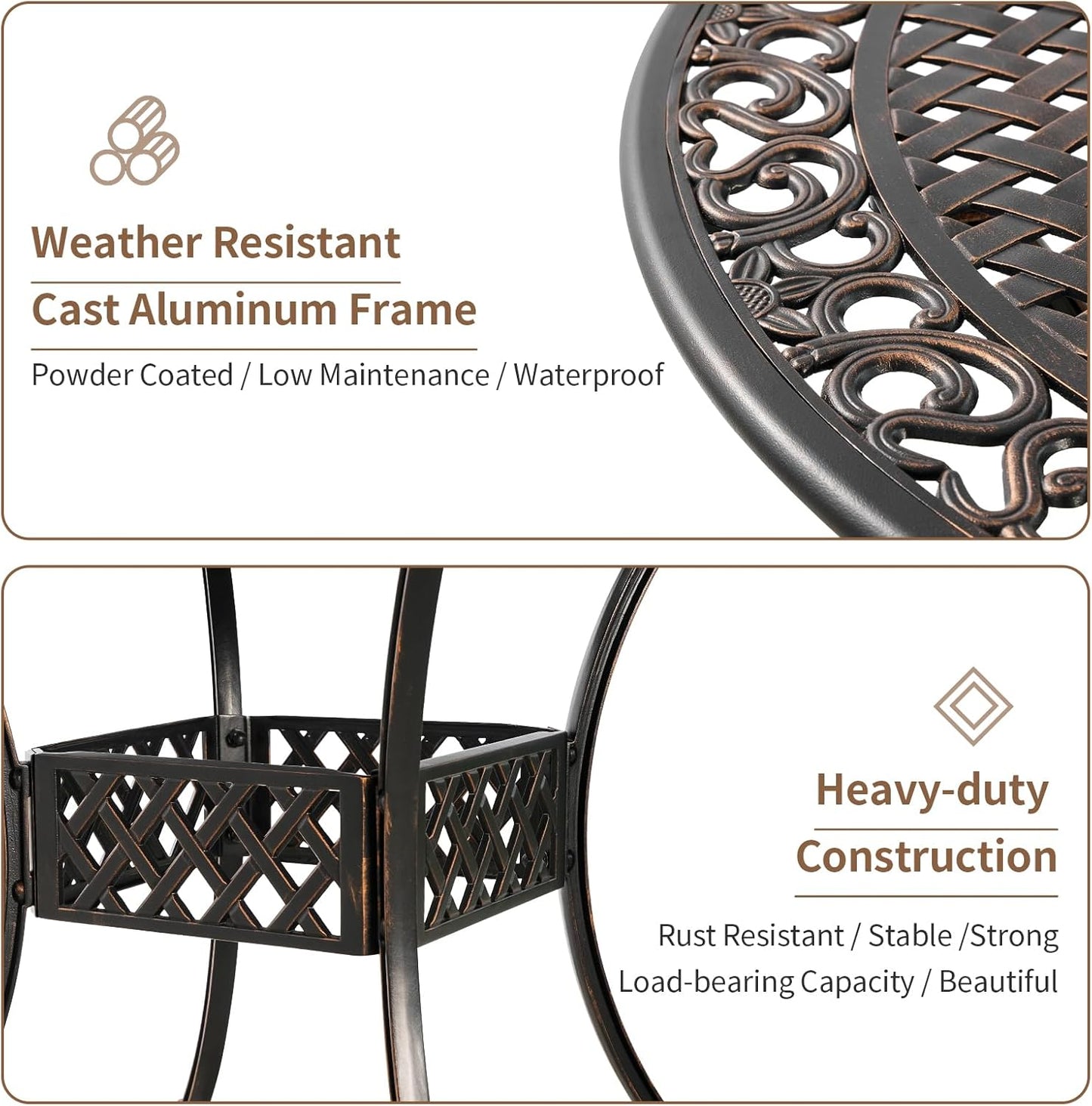 Cast Aluminum Outdoor Dining Table 42" Round Patio Dining Table with 1.7" Umbrella Hole,Large Garden Patio Table for 4-6 People, Bronze