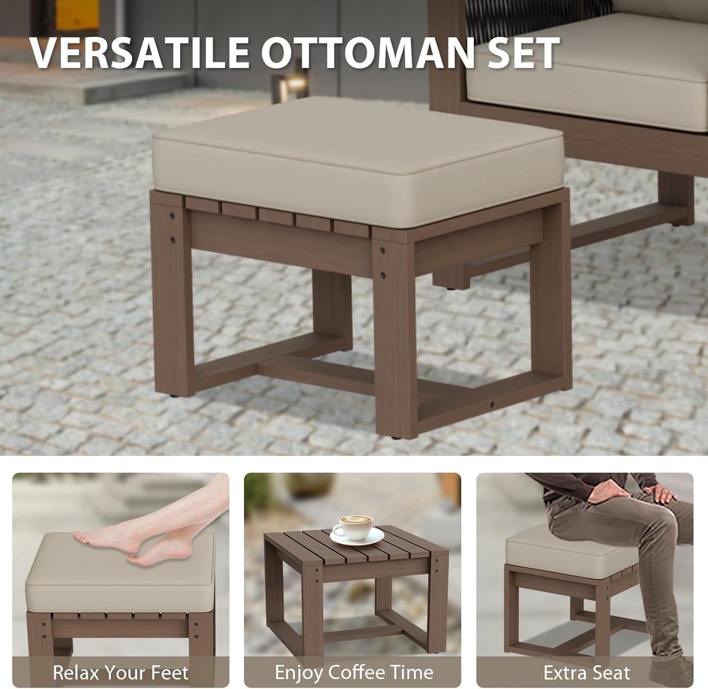 EAGLE PEAK Natural Wood Outdoor Patio Furniture, Cedar Furniture, Conversation Set, Outdoor Seating for Deck Patio Porch, Sofa & Ottomans, 3 Pieces, Brown/Beige