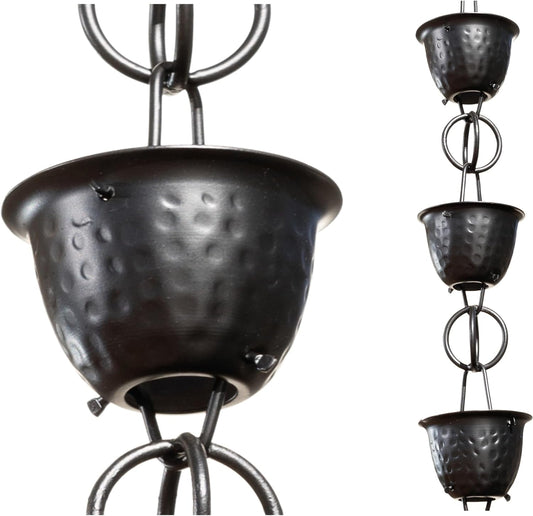 Monarch Rain Chains Pure Aluminum Hammered Cup Rain Chain Extension, 3 ft Black Powder Coated Decorative Rain Catcher Chain for Gutters, Rain Gutter Extension Downspout