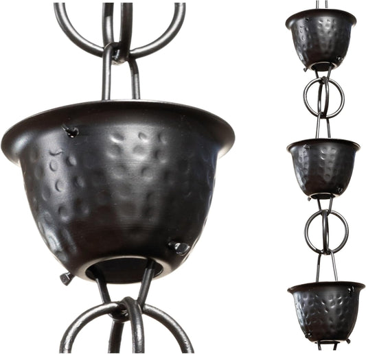 Monarch Rain Chains Aluminum Hammered Cup Rain Chain, 8.5 ft Black Powder Coated Aluminum Decorative Rain Catcher Chain for Gutters, Black Aluminum Rain Gutter Replacement Downspout
