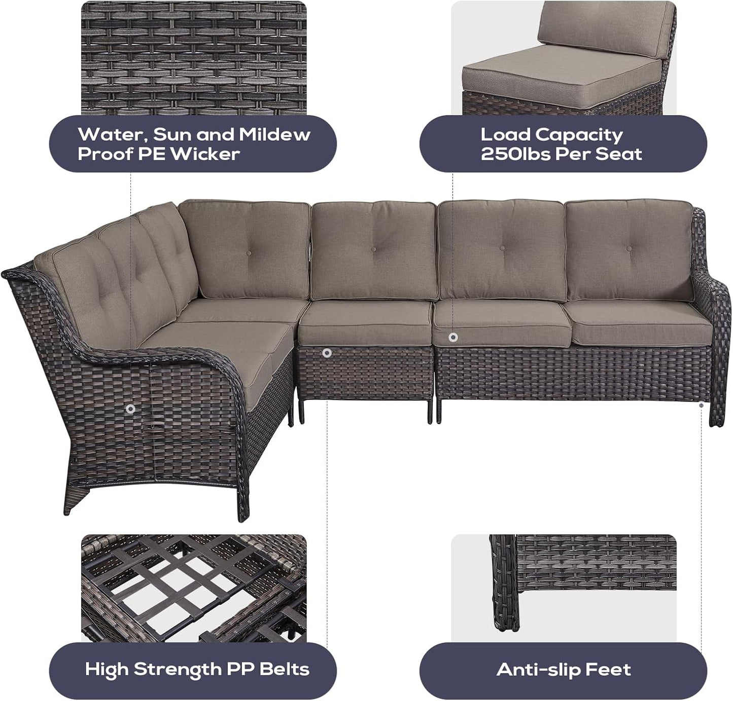 Outdoor Sectional Furniture Sofa Set with 50000BTU Propane Fire Pit Table, Wicker Patio Conversation Set with 2 Swivel Rocker Glider Chairs Grey Cushion Perfect for Backyard Casual Gathering