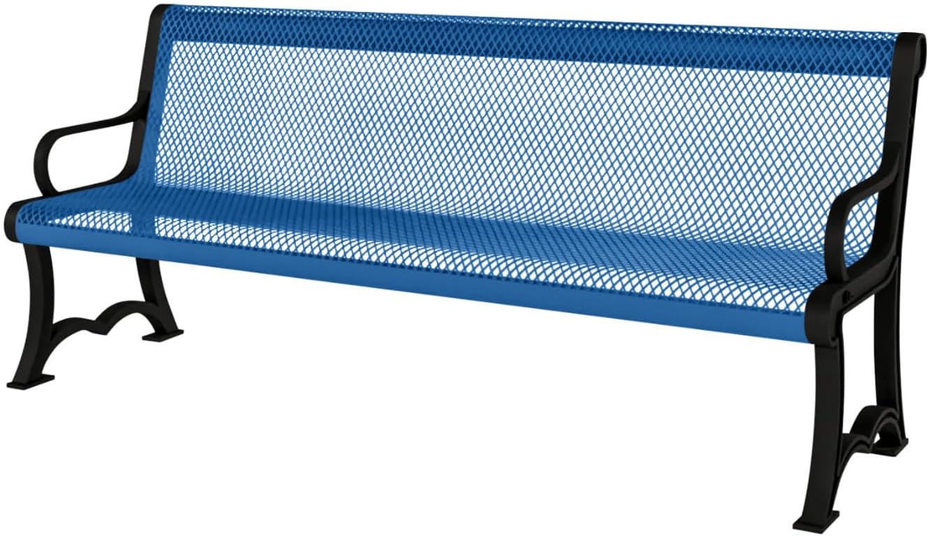 Heavy-Duty Outdoor Bench Thermoplastic Coated, Expanded Metal, Commercial-Grade Garden Bench, Made in America (Portable with Back, 4 Ft, Textured Light Blue)