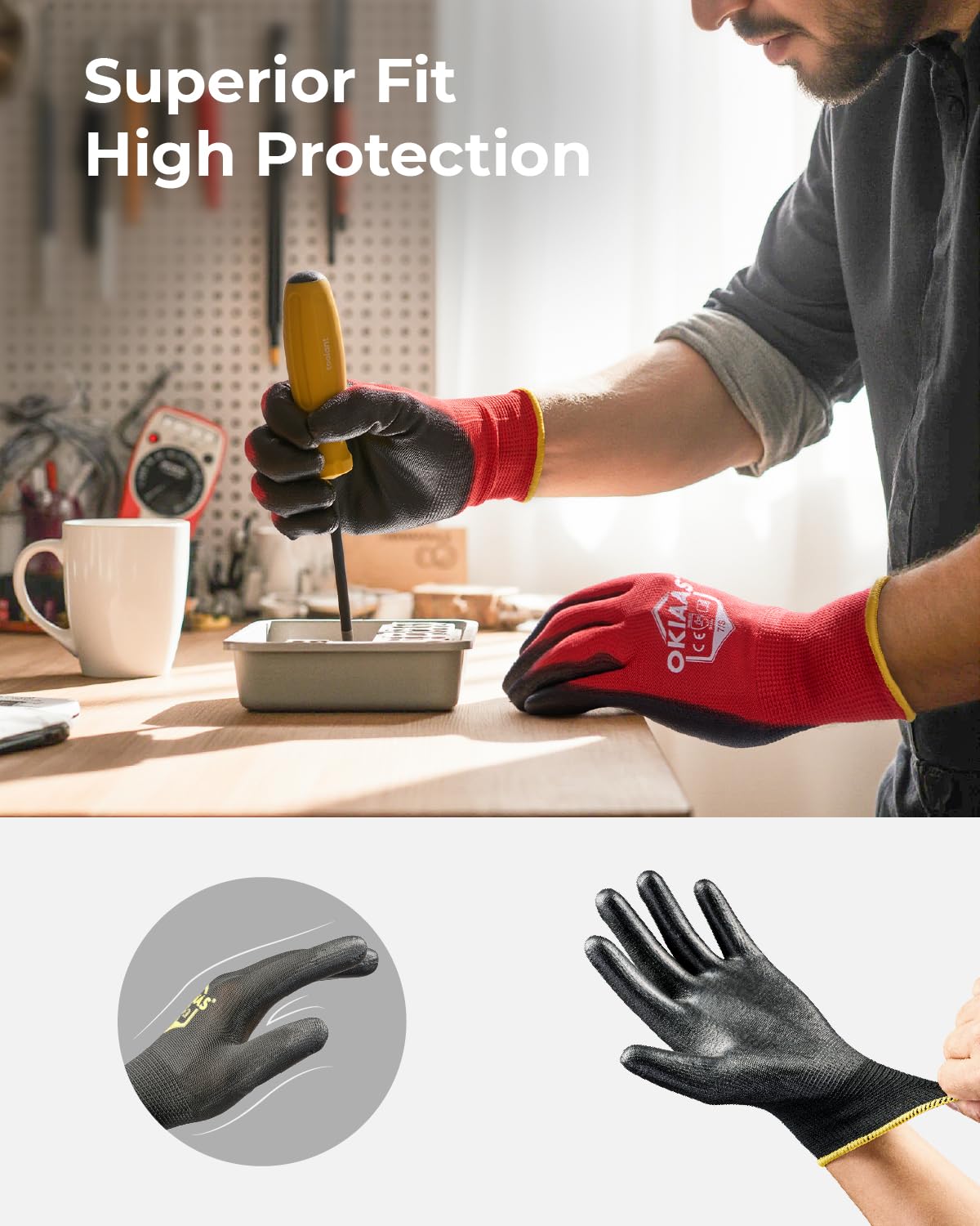 OKIAAS Men's Ultra-Thin and Lightweight Working Gloves with Grip, 12 Pairs, Red, X-Large