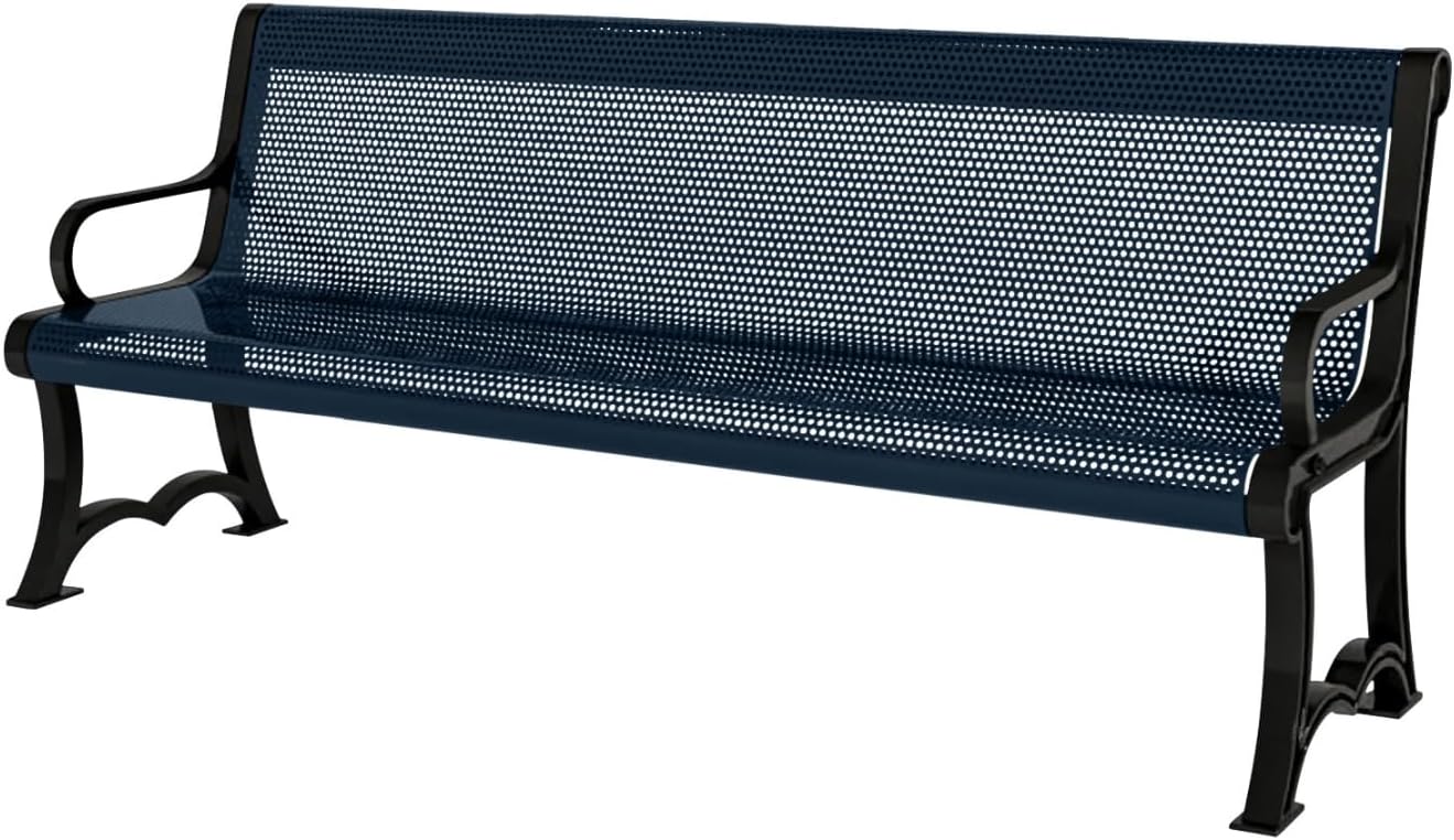 Coated Outdoor Furniture Heavy-Duty Outdoor Bench Thermoplastic Coated, Punched Steel, Commercial-Grade Garden Bench, Made in America (Portable with Back, 4 Ft, Dark Blue)