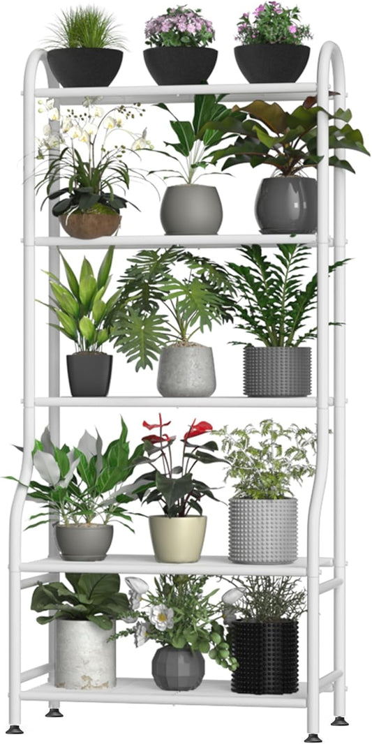 5-Tier Metal Plant Stand Indoor Outdoor, Waterproof Flower Stand for Multiple Pots, Heavy Duty Plant Stands for Living Room Patio Garden Decor, Tall Plant Shelf with Leveling Feet, White
