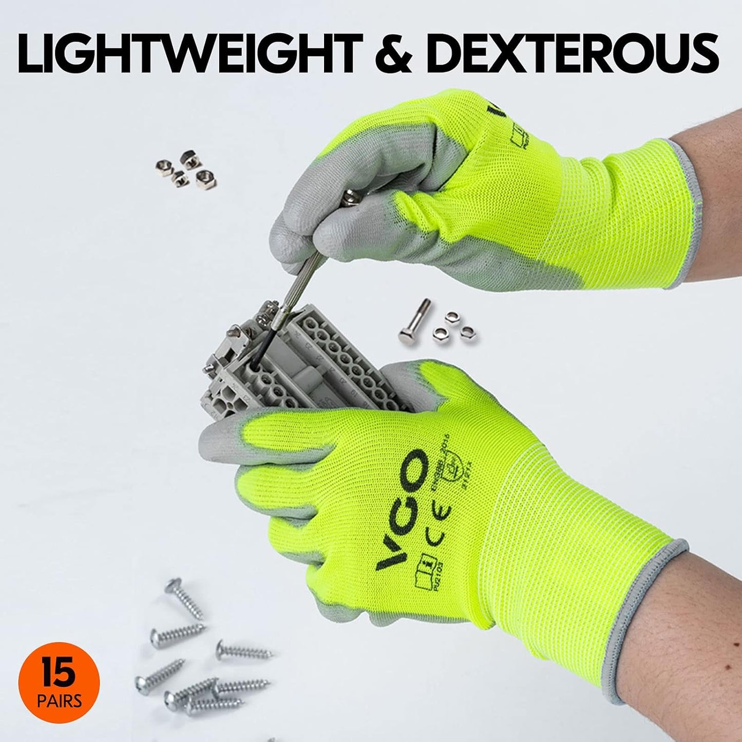Vgo... 15-Pairs Safety Work Gloves, Gardening Gloves, Polyurethane Coated, Dipping Gloves, Latex Free (Size XL, Yellow, PU2103)