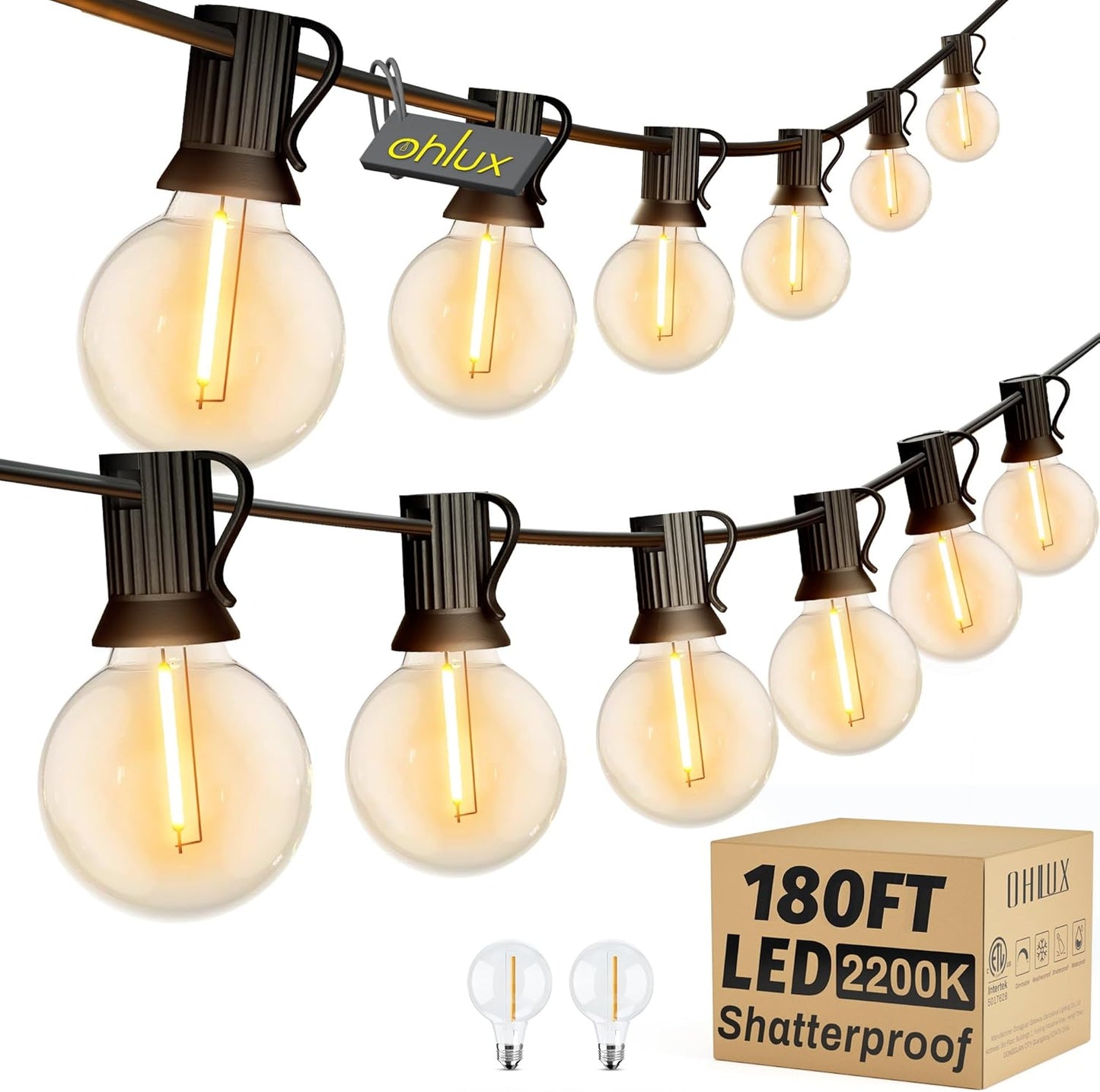 OHLUX Outdoor String Lights, 180FT G40 Globe LED Patio Lights with 82 Dimmable Plastic Bulbs 2 Spare, 2200K Waterproof Connectable Hanging Lights for Backyard Porch Cafe Party Decor, E12 Socket