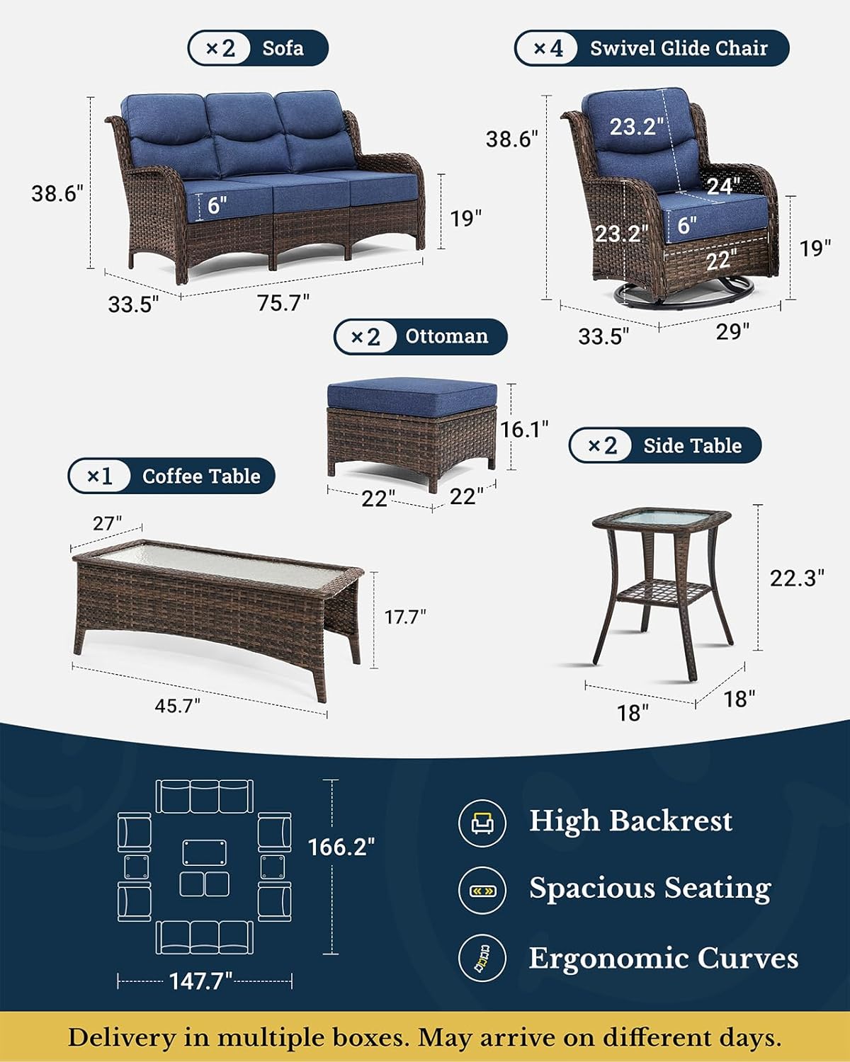 HILLGA Luxury Patio Furniture Set with 6-inch Thick Cushion, Outdoor Couch and High Back Swivel Rocker Patio Chairs, 11PCS Wicker Conversation Set for Deck Yard and Poolside, Blue (V2)