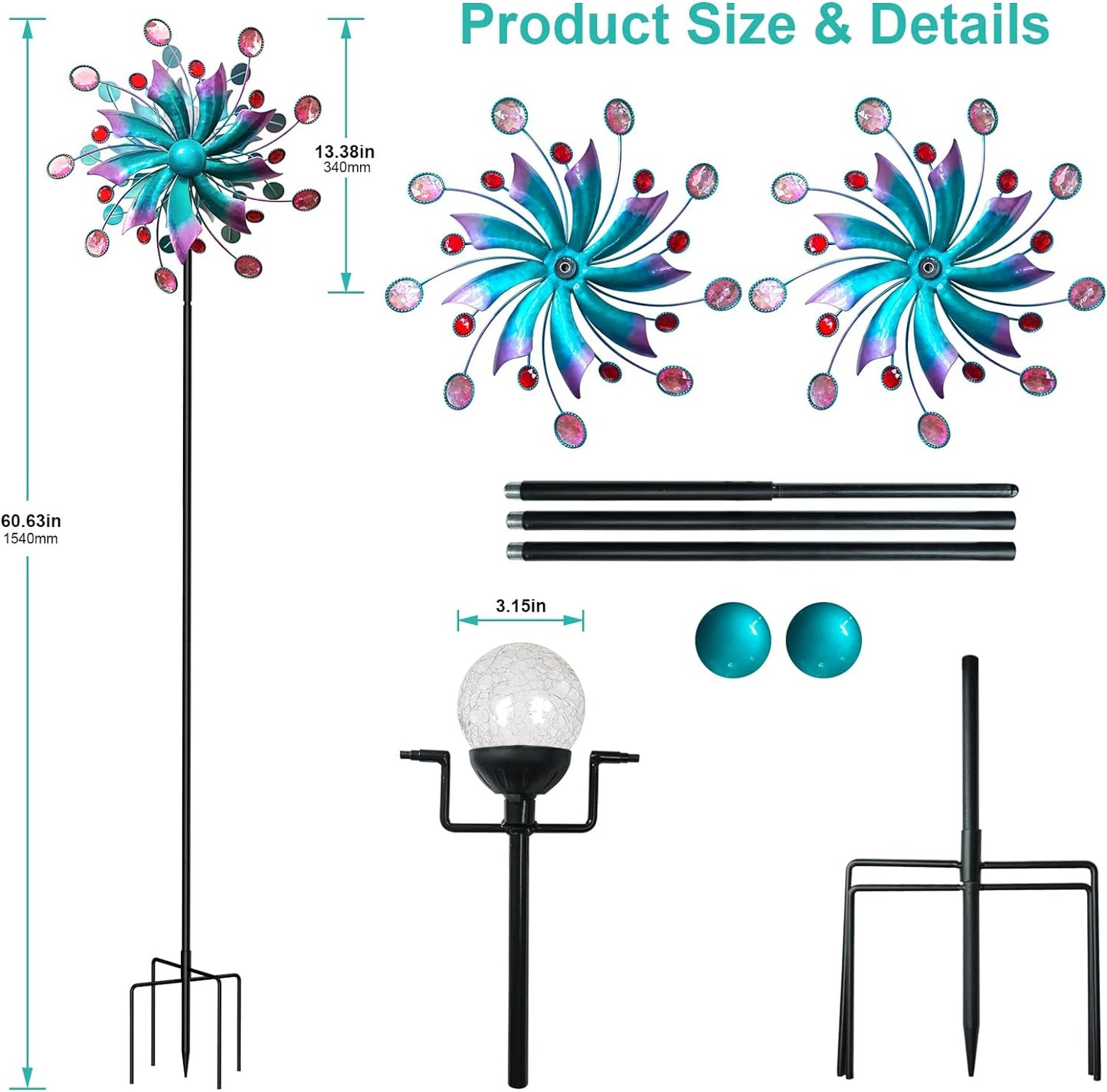 360°Solar Wind Spinner with Lights Blue Metal Garden Outdoor Decor Yard Lawn Art Decor for Patio Kinetic Windmills Unique Gifts for Friends and Family 60.63'' H x 13.38'' Dia