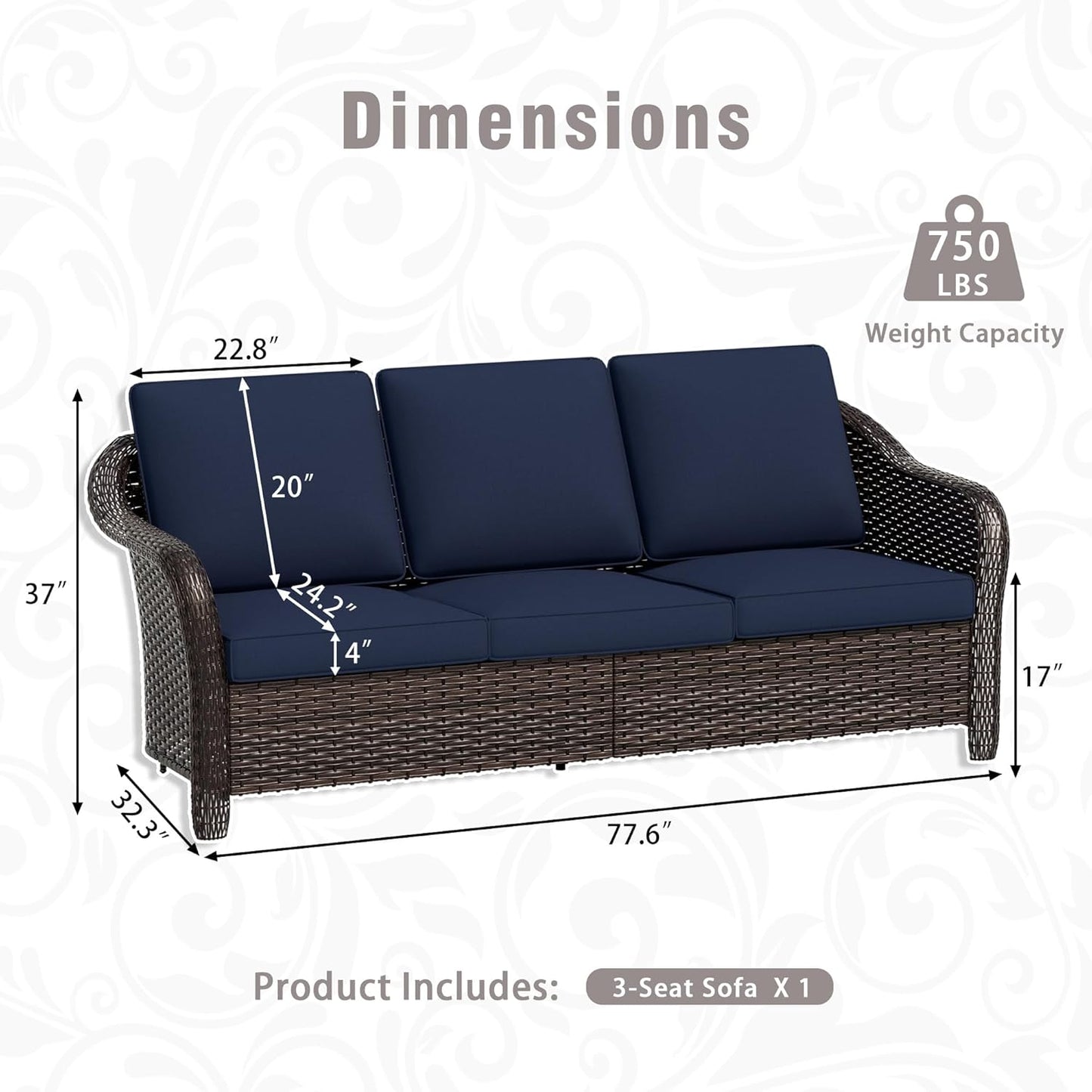 77 inch Outdoor Wicker 3 Seater Sofa, All-Weather Use Patio Rattan Sofa with Seat and Back Cushion, Ideal for Porch, Backyard, Balcony, Poolside, Blue