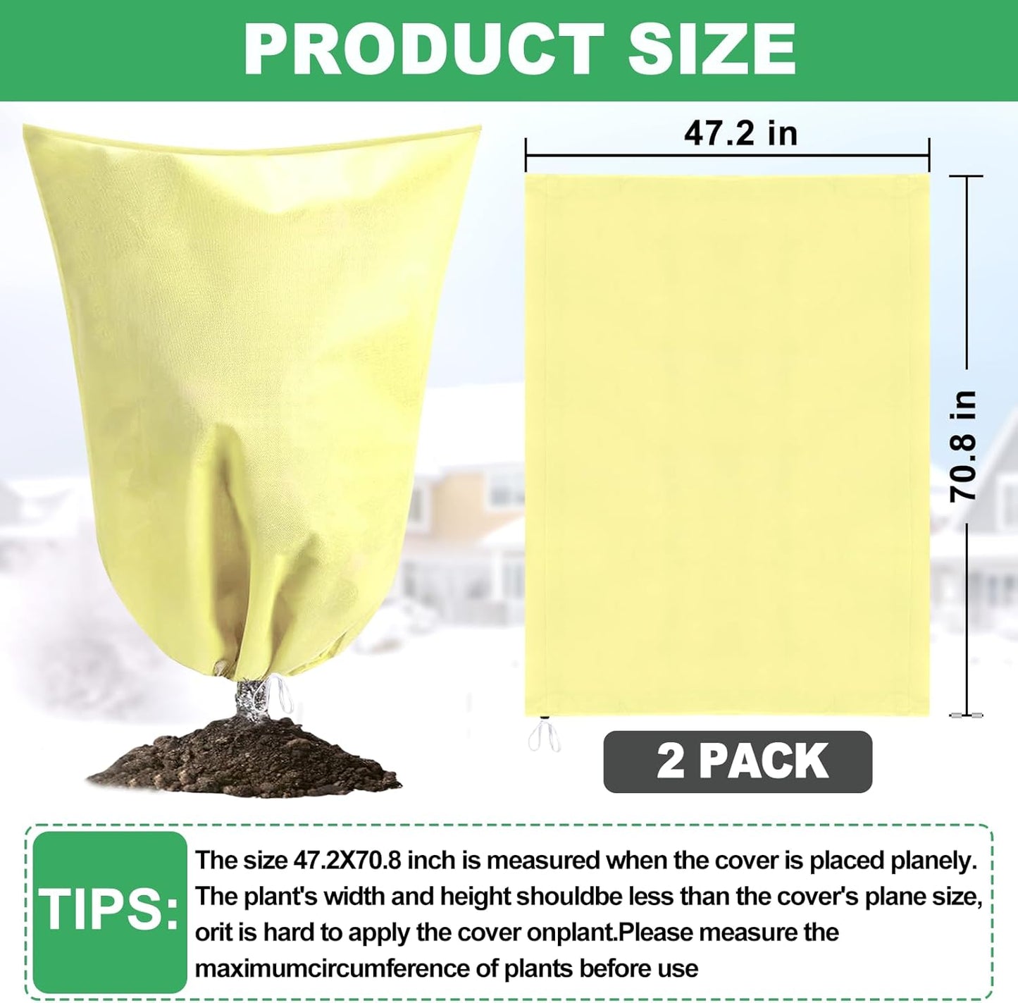 2 Pack Winter Plant Covers Freeze Protection, 47.2" X 70.8" Frost Cloths for Outdoor Plants with Zipper Drawstring, Tree Covers for Winter Cold Weather Plant Covers Bags Shrubs Trees Jacket