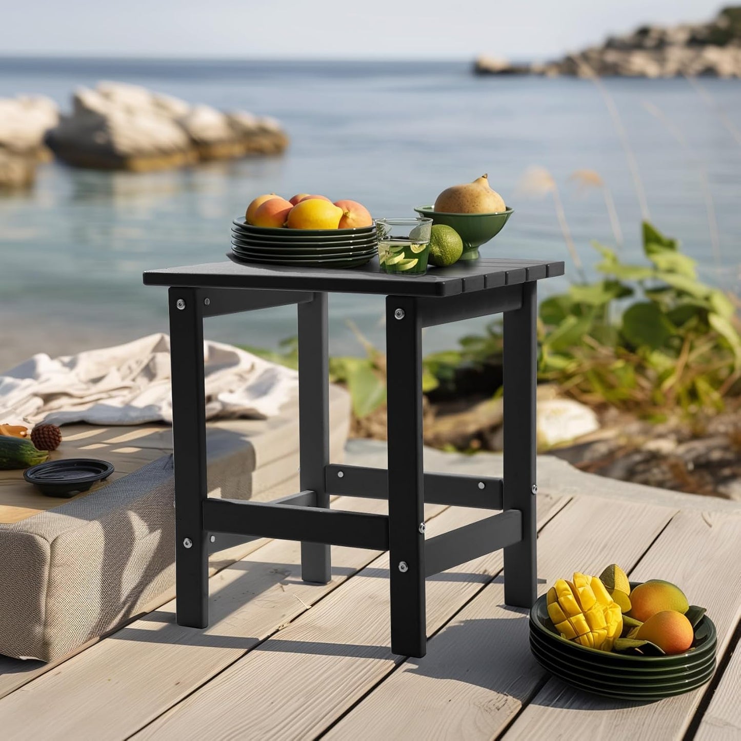 PASAMIC 2-Tier Adirondack Square Side Table, 17" HDPE Outdoor Side Tables, Weather Resistant End Table for Patio, Backyard, Pool, Indoor Companion, Beach, Easy Maintenance (Black)