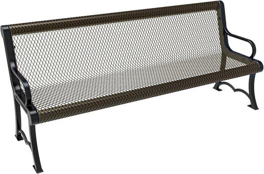 Heavy-Duty Outdoor Bench Thermoplastic Coated, Expanded Metal, Commercial-Grade Garden Bench, Made in America (Portable with Back, 6 Ft, Textured Gold Vein)