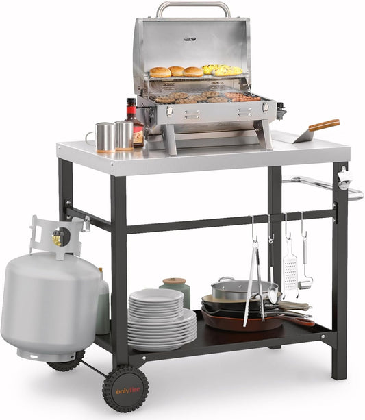only fire Stainless Steel Movable Dining Cart Table, Pizza Oven Table, Multifunctional Utility Cart with Wheels for Outdoors, Kitchen or Backyard Patio