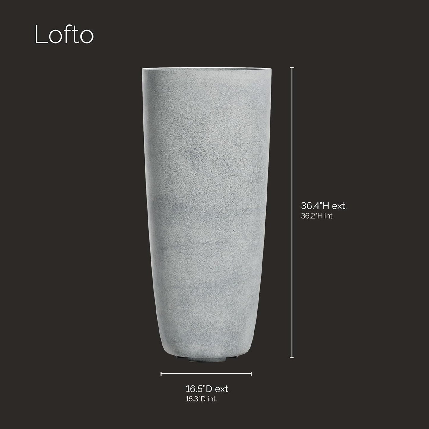 Lofto Tall Planter – Concrete Stone Finish – Fiberglass Indoor/Outdoor and Weather-Resistant Large Planter (16.5" D x 36.4" H Exterior, 15.3" D x 36.2" H Interior)