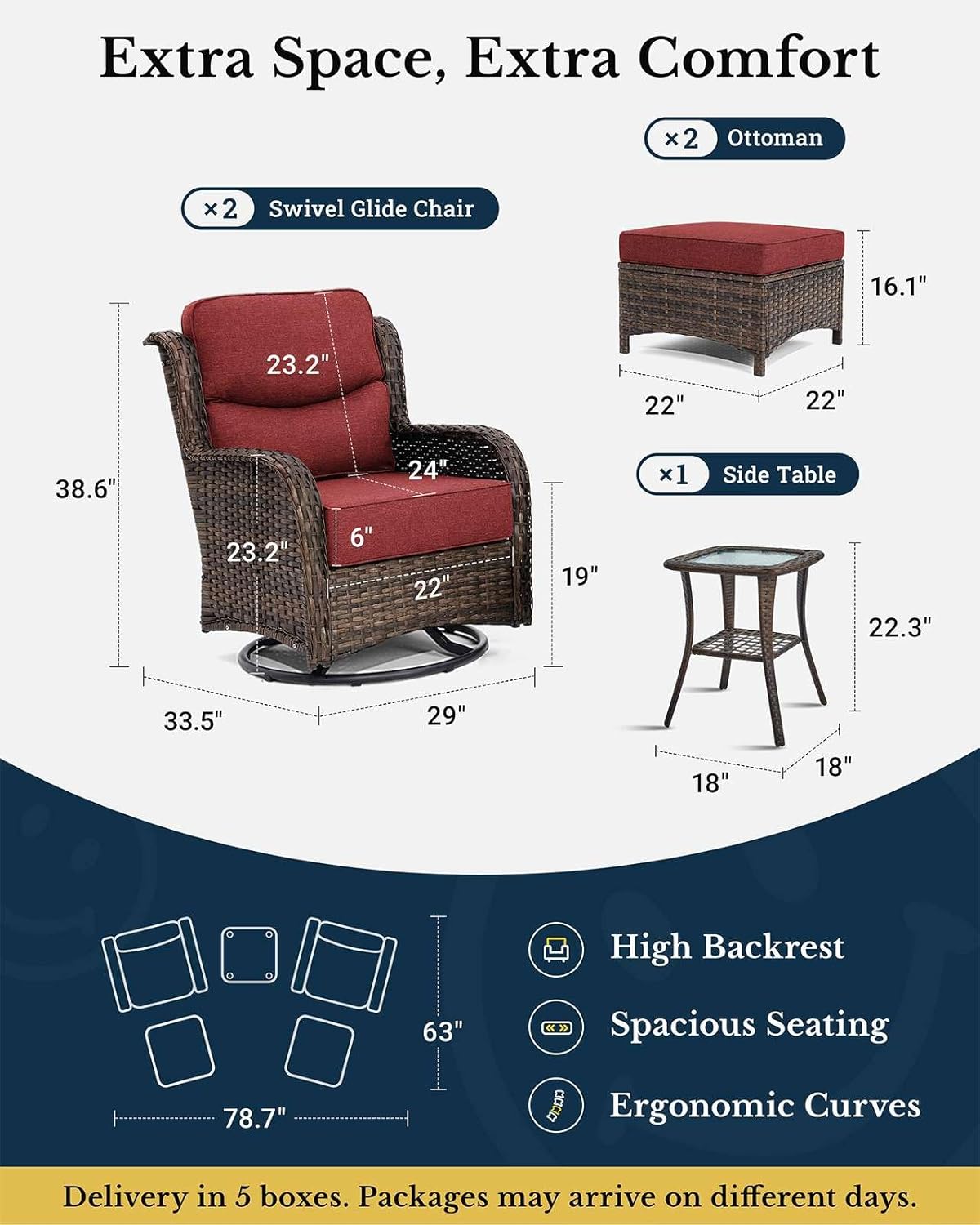 HILLGA Luxury Patio Furniture Set with 6-inch Thick Cushion, Outdoor High Back Swivel Rocker Patio Chairs, 5PCS Wicker Conversation Set for Deck Yard and Poolside, Burgundy (V2)