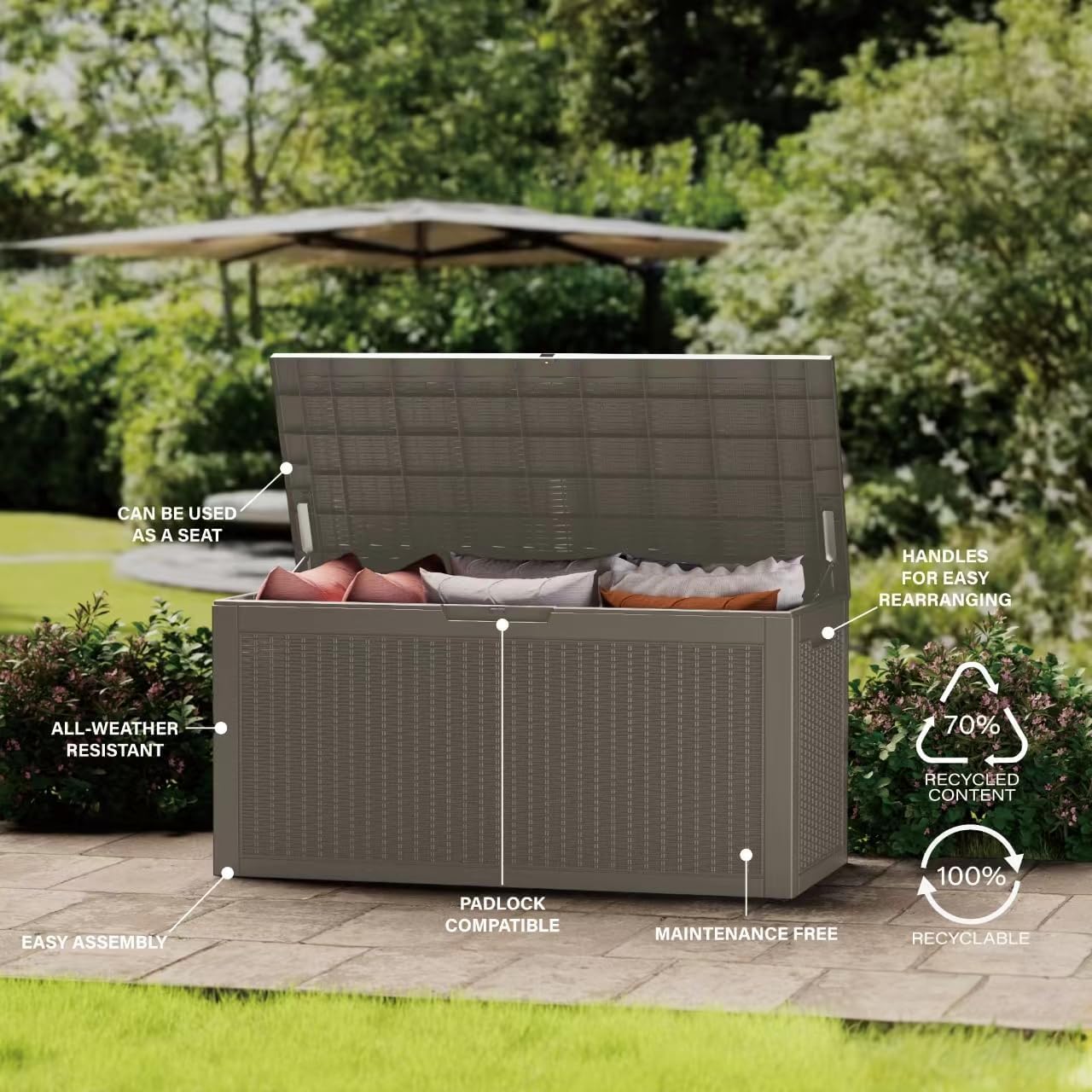 Multi-Functional 100 Gallon Patio Storage Bench - Waterproof Outdoor Deck Box & Storage Cabinet, Lockable Resin Chest for Pool/Garden Accessories, UV-Resistant, Weathered Grey