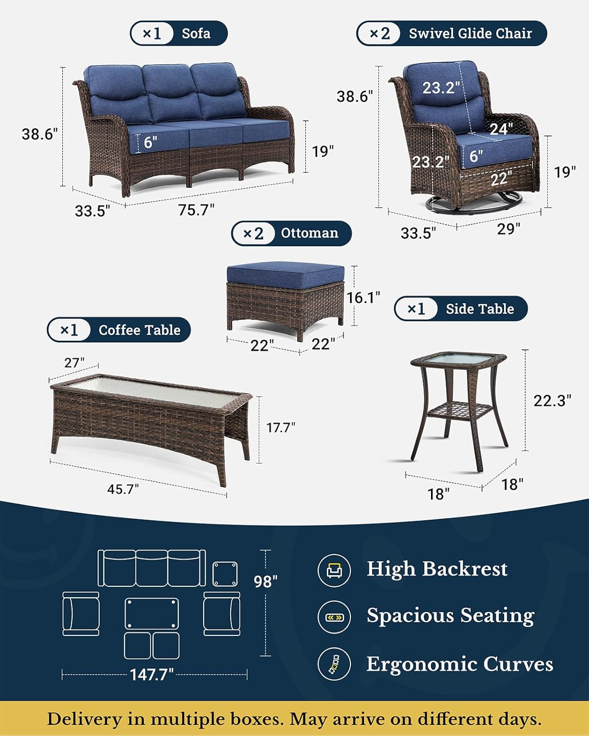 HILLGA Luxury Patio Furniture Set with 6-inch Thick Cushion, Outdoor Couch and High Back Swivel Rocker Patio Chairs, 7PCS Wicker Conversation Set for Deck Yard and Poolside, Blue (V2)