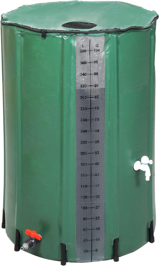 Collapsible Rain Barrel, 100 Gallon Portable Rainwater Collection System, Rain Catcher Barrel with Volume Scale Mark, Two Spigots and Overflow Kit, Rain Water Barrel Collector for Garden, Green
