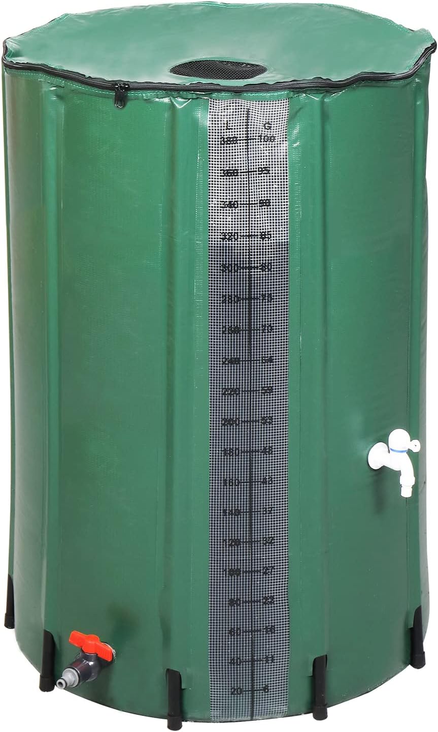100 Gallon Collapsible Rain Barrel, Rain Catcher Barrel, Portable Rainwater Collection System with Volume Scale Mark, Two Spigots and Overflow Kit, Rain Water Barrel Collector for Garden, Green