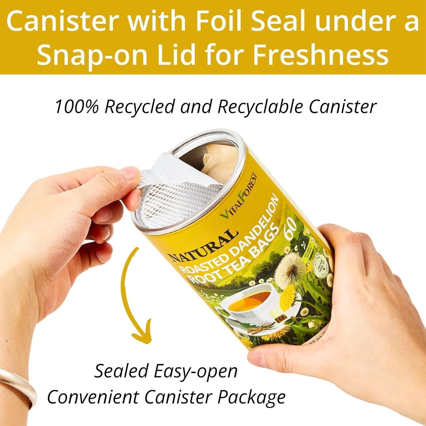 60 Roasted Dandelion Root Tea Bags, 2g/Bags, VitalForest Natural Detox Dandelion Tea, Dried Dandelion Root Coffee Substitute, Diente De Leon, Caffeine Free, Canister Packaged