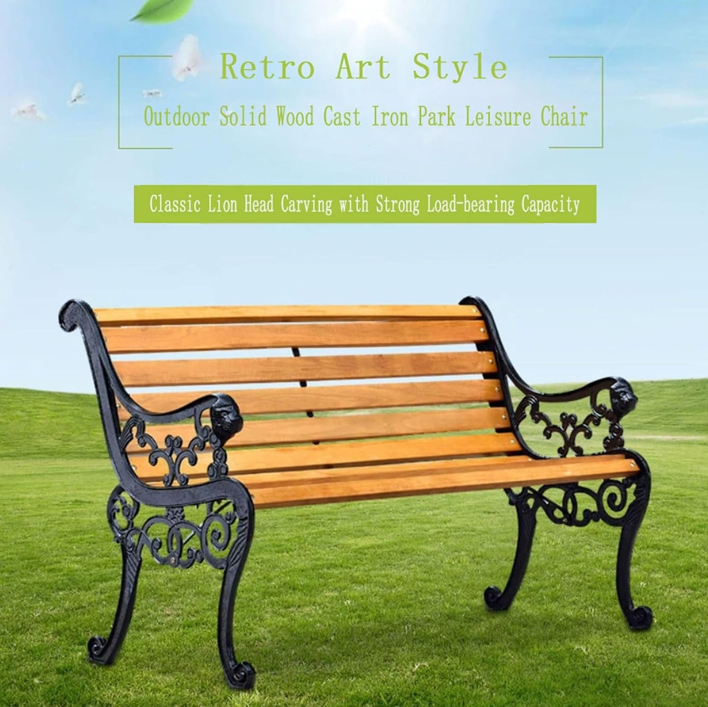 Outdoor Park Garden Bench with Cover, 2-3 Person Wood Patio Bench with Backrest+Armrests Weatherproof, Patio Porch Furniture Cast Iron Frame Bench for Lawn Porch Backyard(Teak+Black)