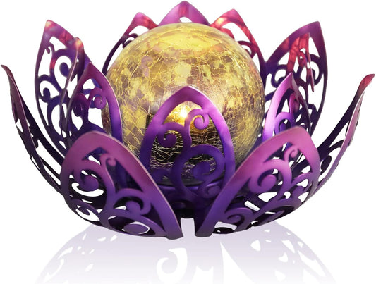 Bshine Solar Outdoor Garden Lotus Decorative Light, Waterproof Metal Cracked Glass Globe LED Lotus Light for Tabletop Decor, Walkway, Lawn Ornaments and Garden, Housewarming Gift (Purple)